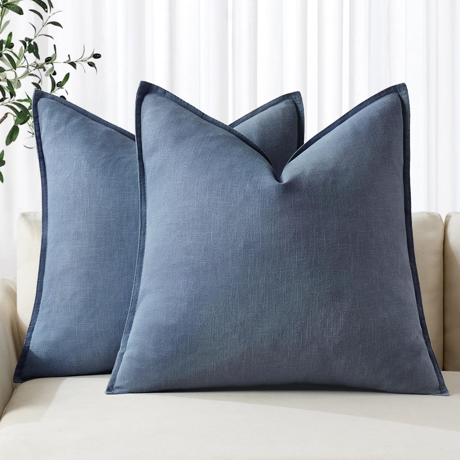 Decorative Linen Euro Sham Pillow Covers 24x24 Inch Blue Ashes Boho Farmhouse...