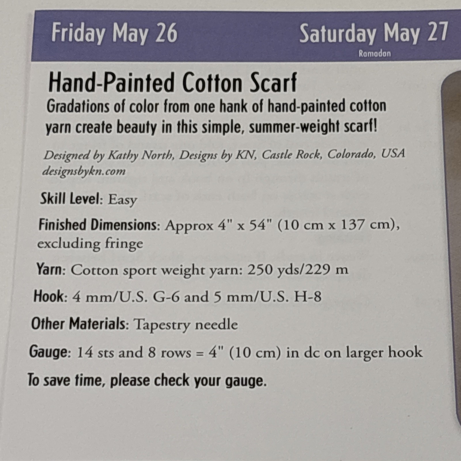 Hand Painted Cotton Scarf Crochet Pattern Card Page