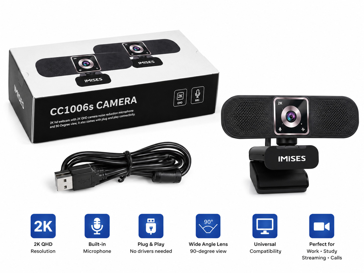 IMISES CC1006S 2K HD Webcam USB Camera Built-in Mic Plug & Play Brand New