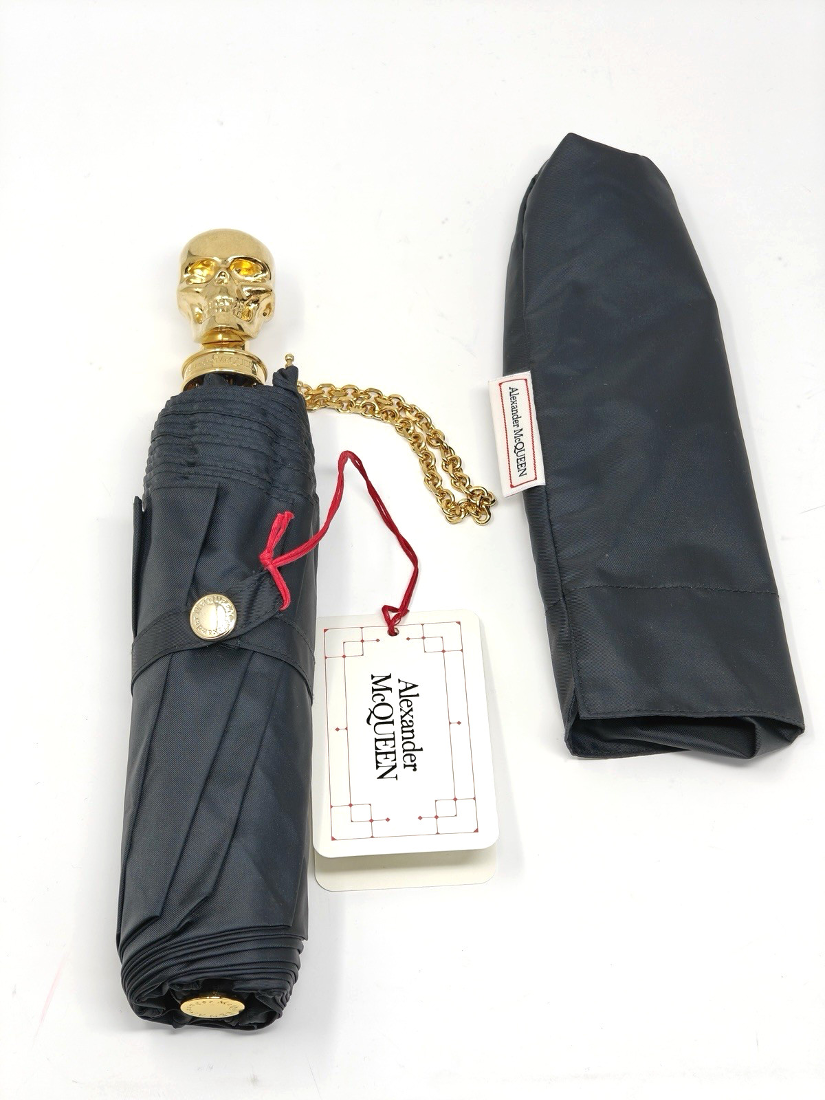 Alexander McQueen Umbrella Skull Gold Chain Black Compact Foldable Small 90416