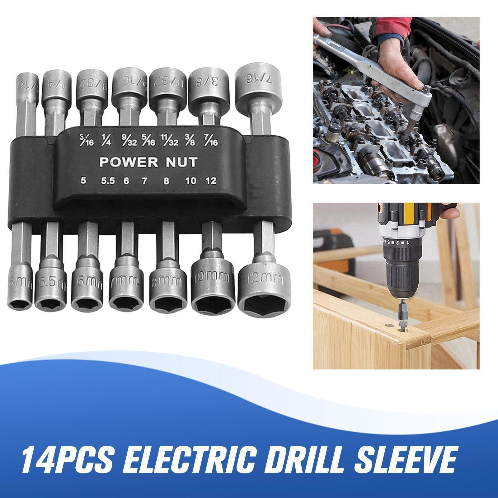 14PCS Drill Bit Set Metric Socket Power Nut Driver Wrench Hex Shank Hexagon-Too