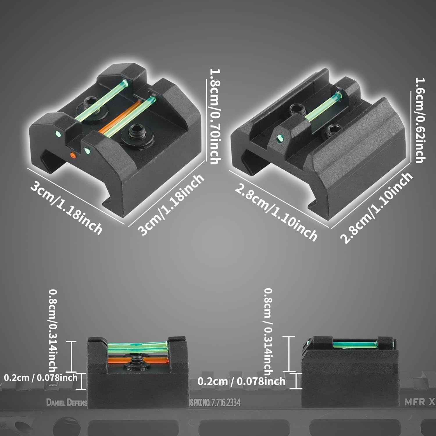 Low profile fiber optic front and rear sights for enhanced targeting performance