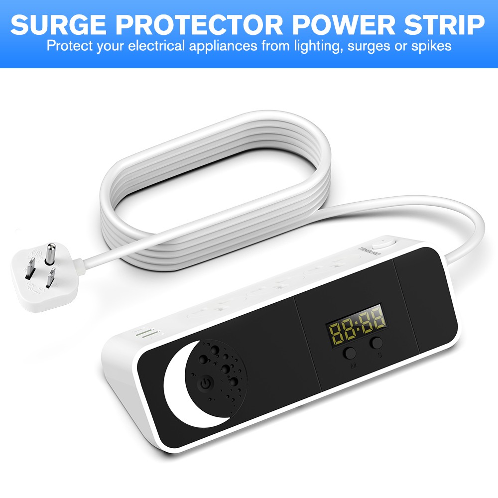 Wall Plug Power Strip with 3 Outlets Surge Protector Extension Cord Clock+Light