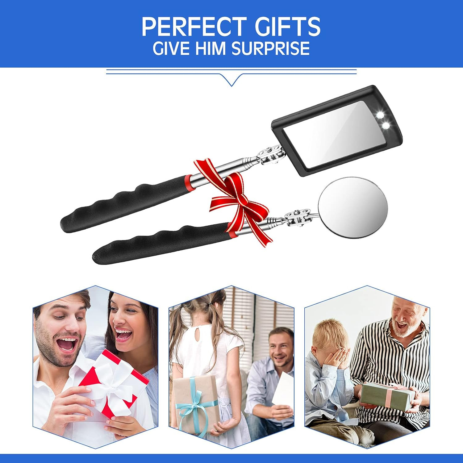 2 Pieces Lighted Telescoping Inspection Mirror Flexible Retractable...