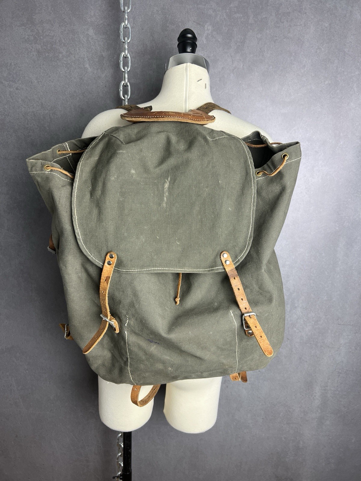 Vintage WWII Era Swedish M39 Military Rucksack Canvas Leather Strap Backpack
