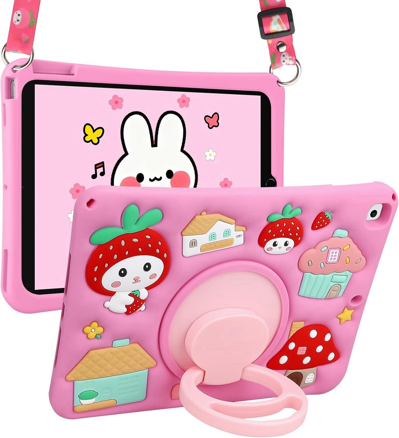 Kids iPad 10.2 Inch Case Pink Strawberry Stand Strap 7th 8th 9th Gen