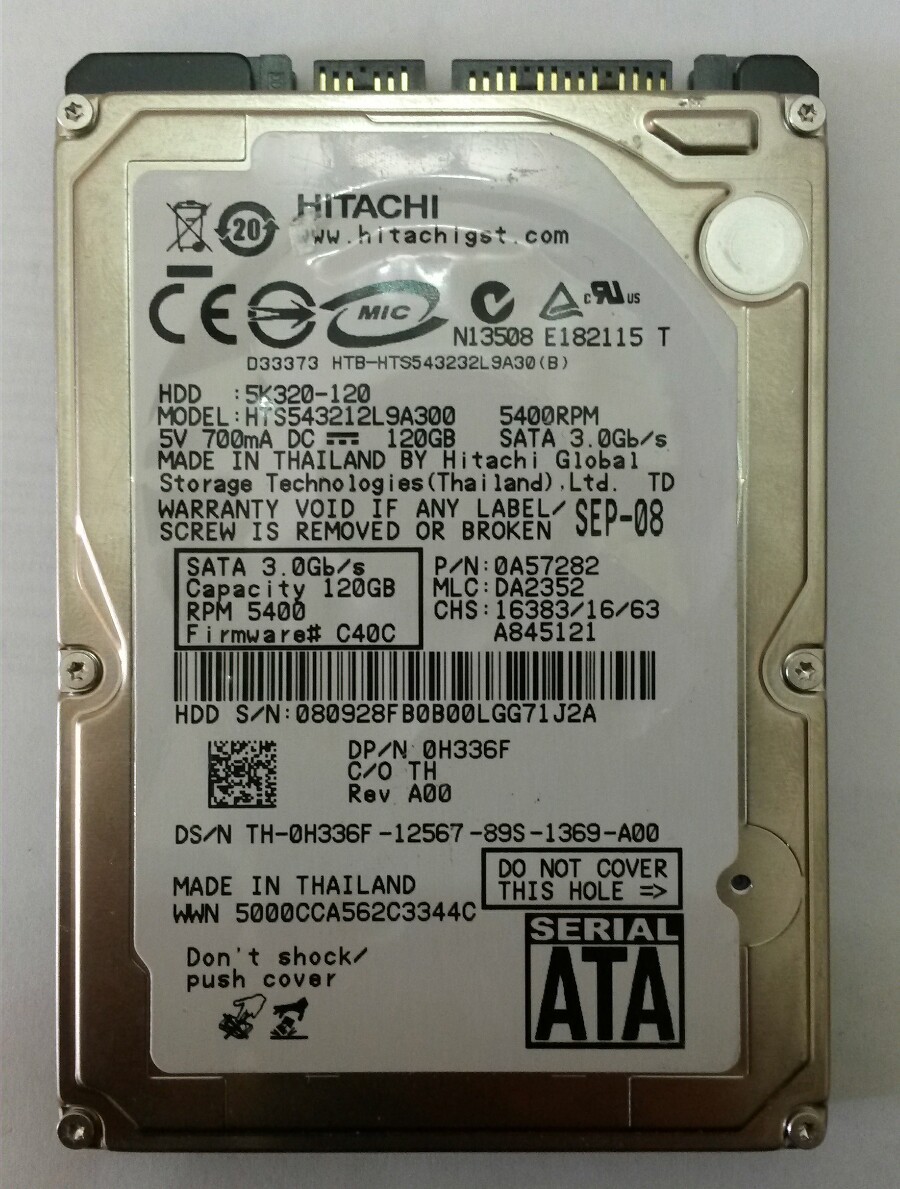 HITACHI HTS543212L9A300 P/N:0A57282 MLC:DA2342 Laptop Drive 5400 RPM 120GB SATA