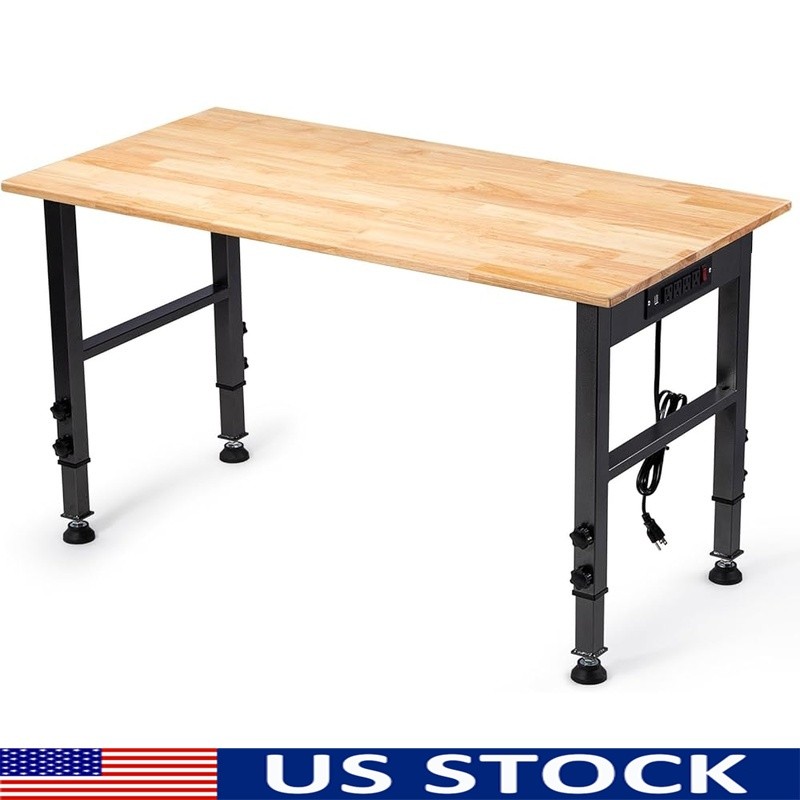 Adjustable Height Rubber Wood Workbench W/ Power Strip & Stability Feet 48"