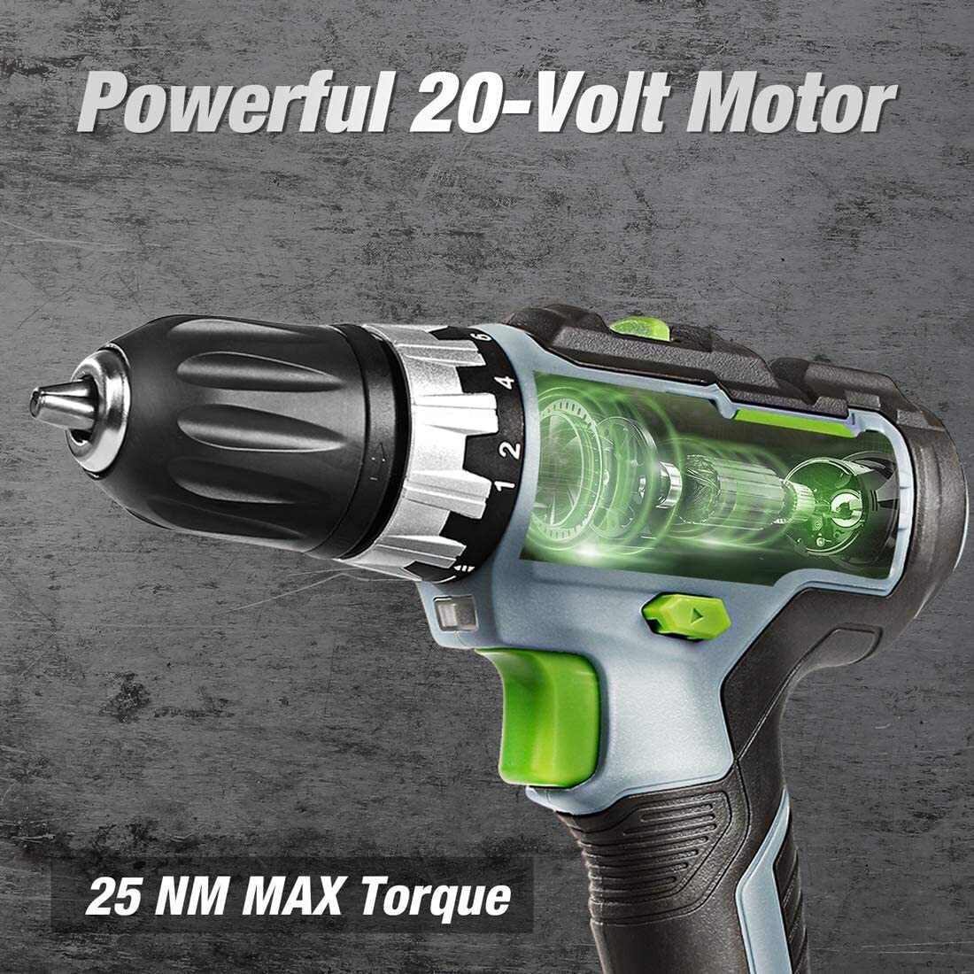 20V 3/8" Cordless Drill/Driver Kit 18+2 Torque Variable Speed 2A Battery Charger