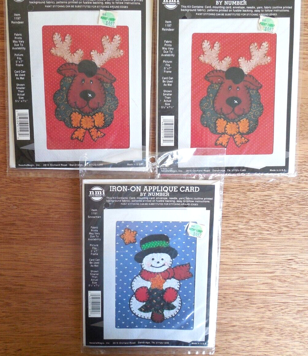 NEW Lot of 3 NMI Iron-On Number Christmas Appliqué Card Kits: Snowman*Reindeer