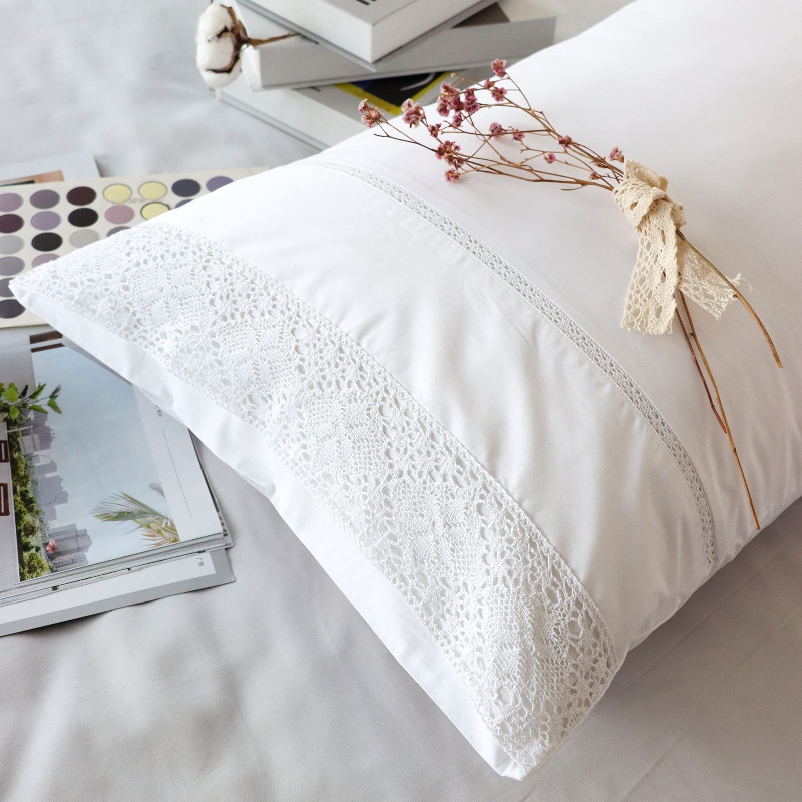 White Lace Pillowcases Standard Size Set of 2, 100% Cotton White Eyelet Pillo...