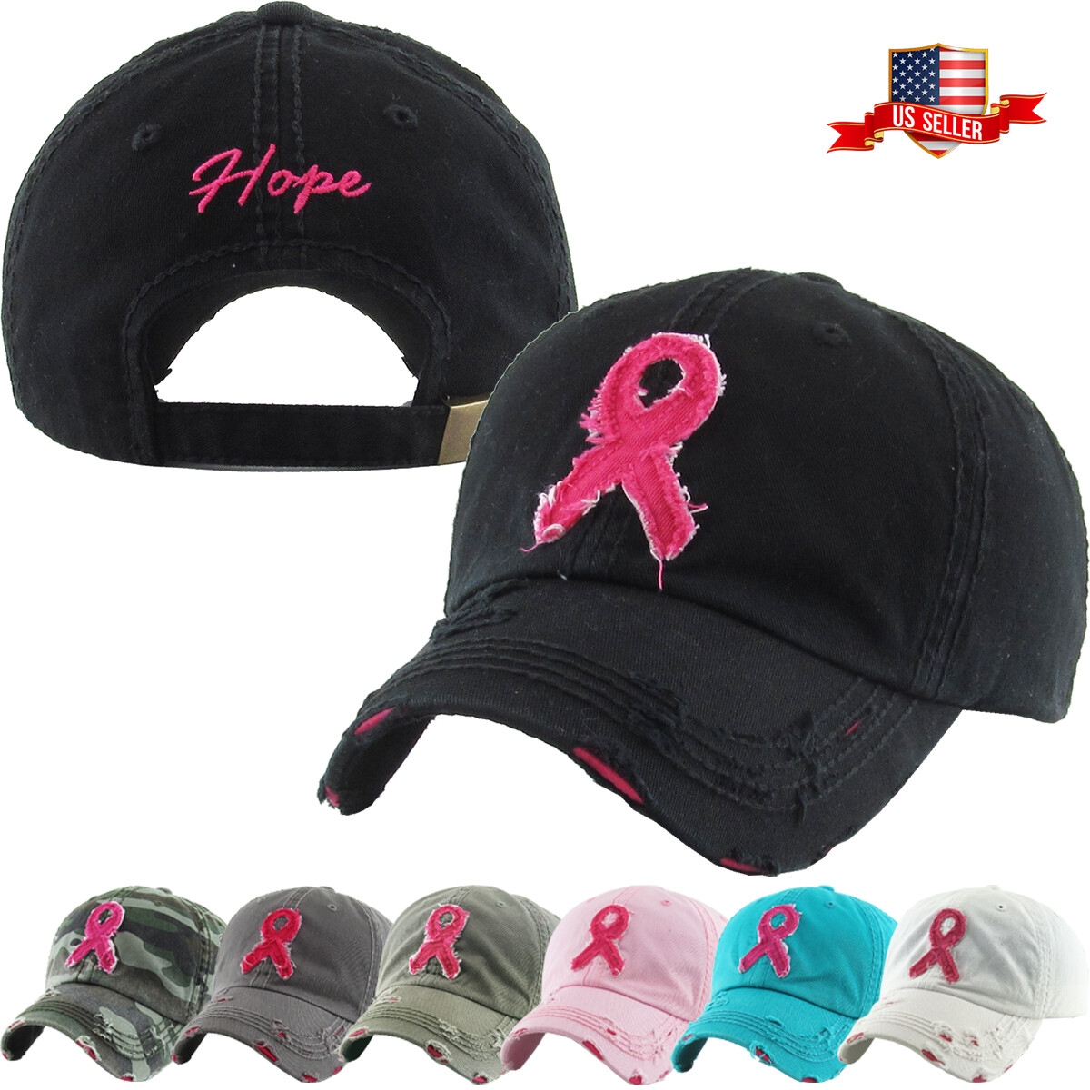 Pink Ribbon Breast Cancer Hope Vintage Distressed Adjustable Baseball Cap Hat