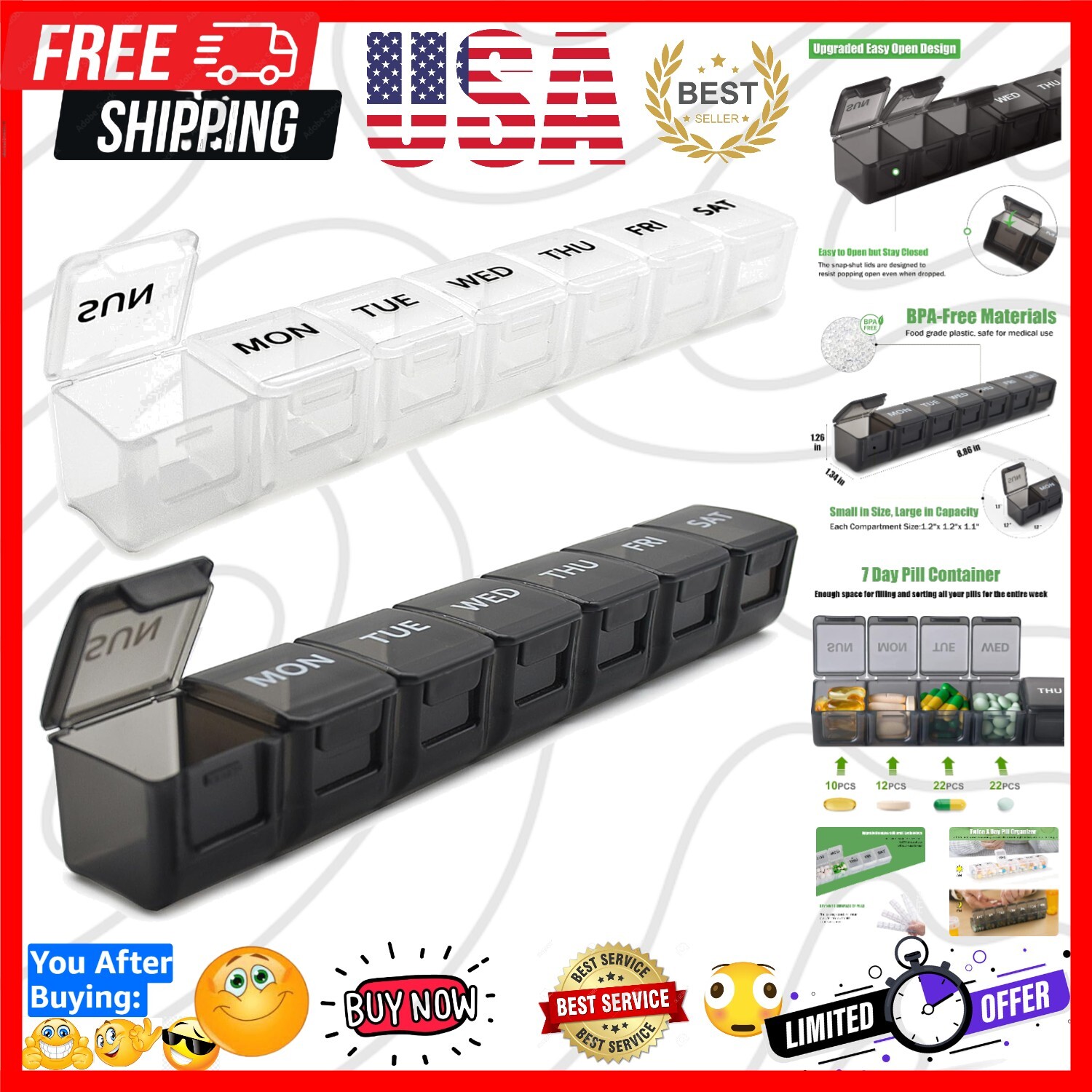 2 Pack BPA-Free Weekly Pill Organizer: AM/PM Large Capacity Case (White & Black)