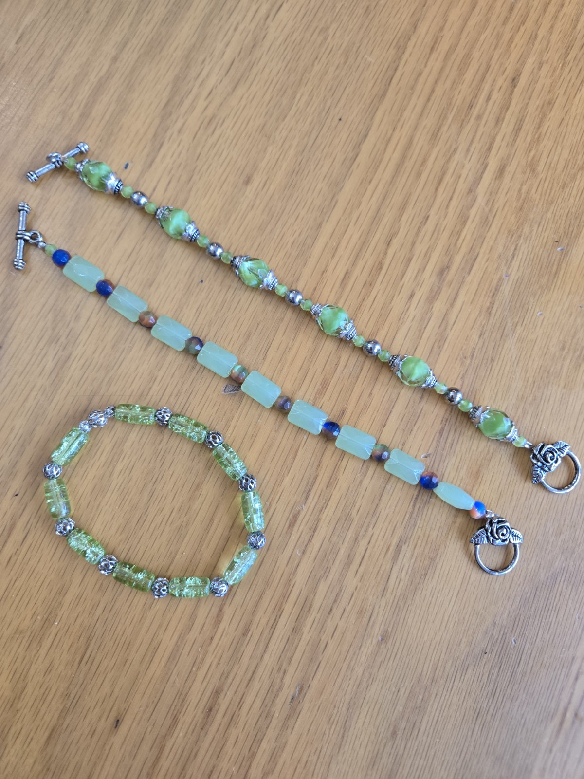 Stunning Handmade Glass Bead Bracelet Green Lot Of 3