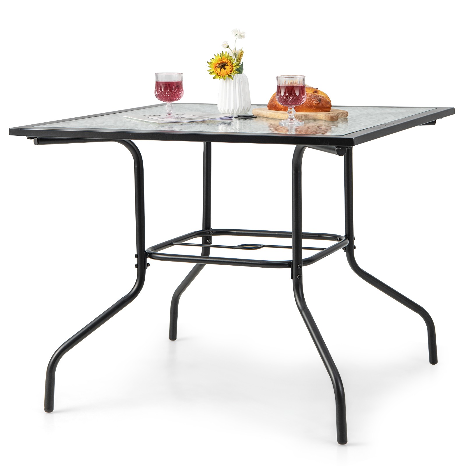 35" Patio Dining Table Tempered Glass Top Bistro Table with 1.5" Umbrella Hole