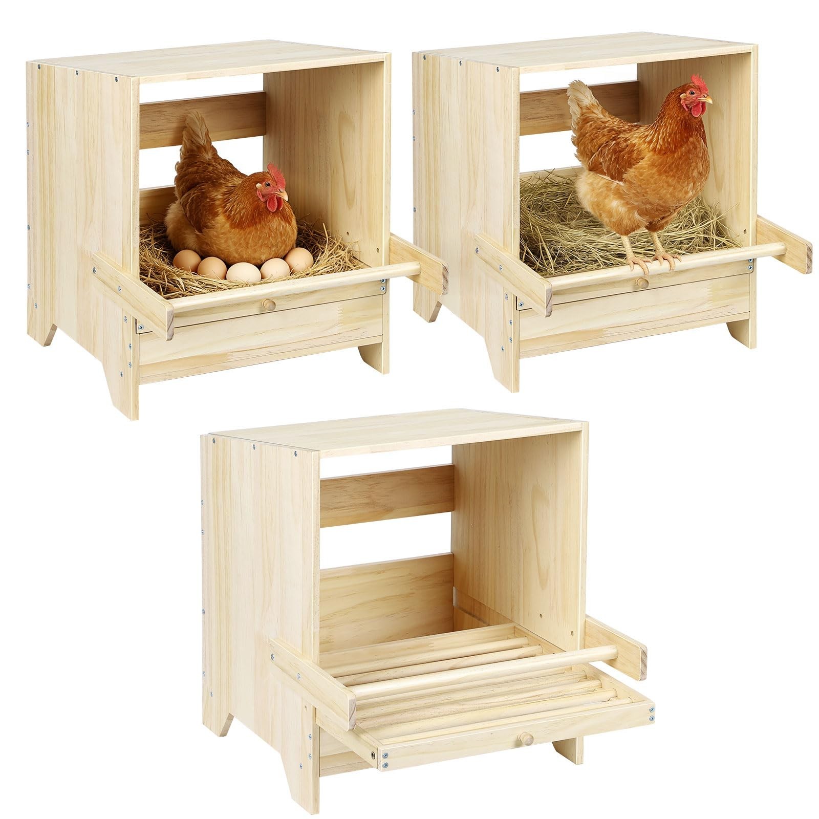 Chicken Nesting Box with Perches, 3 Compartments Wooden Egg Laying Nest Box f...