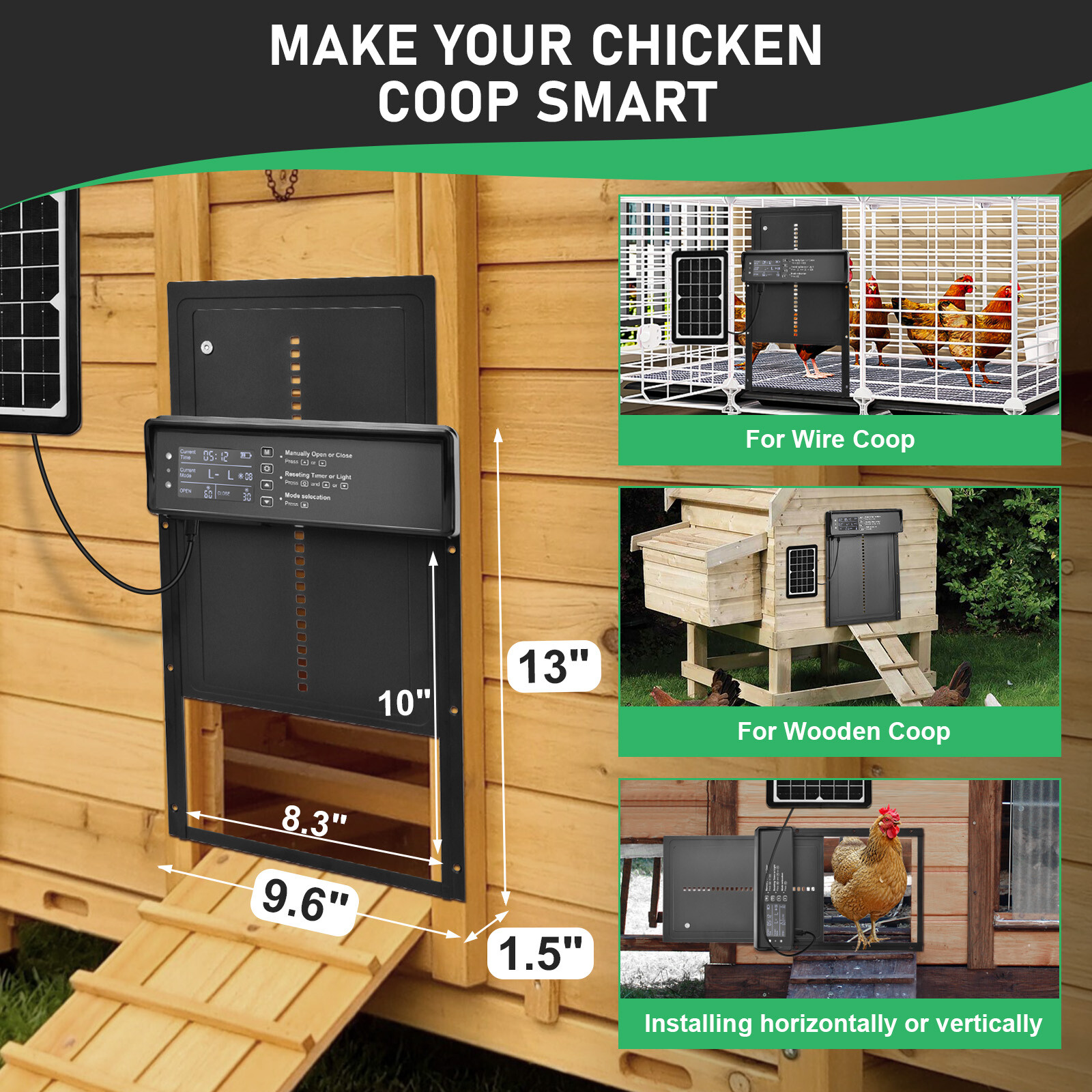 Automatic Chicken Coop Door Solar Powered Poultry Gate w/ Light Sensor/ Timer