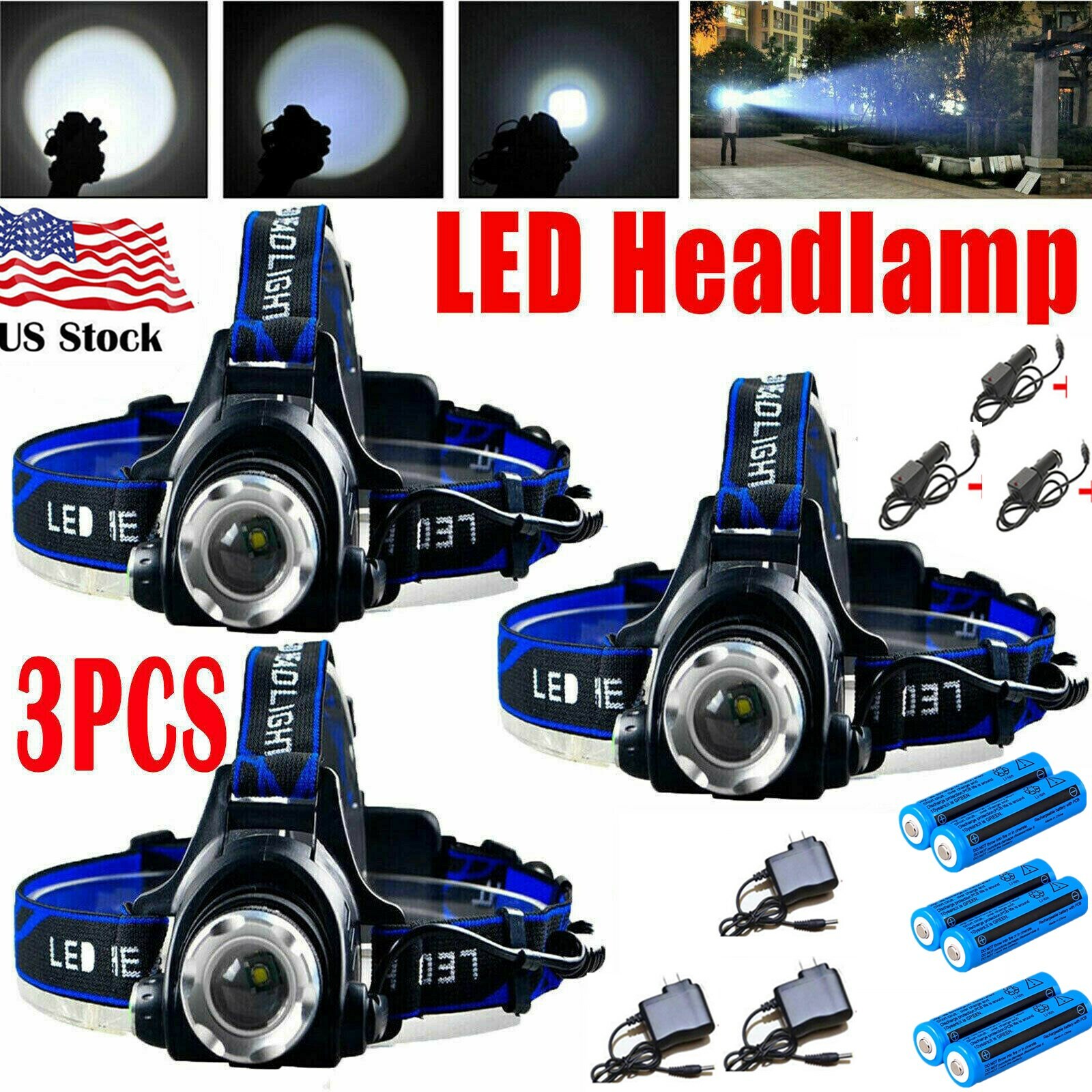 Zoomable Headlight Head Torch w/ Battery 3PCS Rechargeable Tactical LED Headlamp
