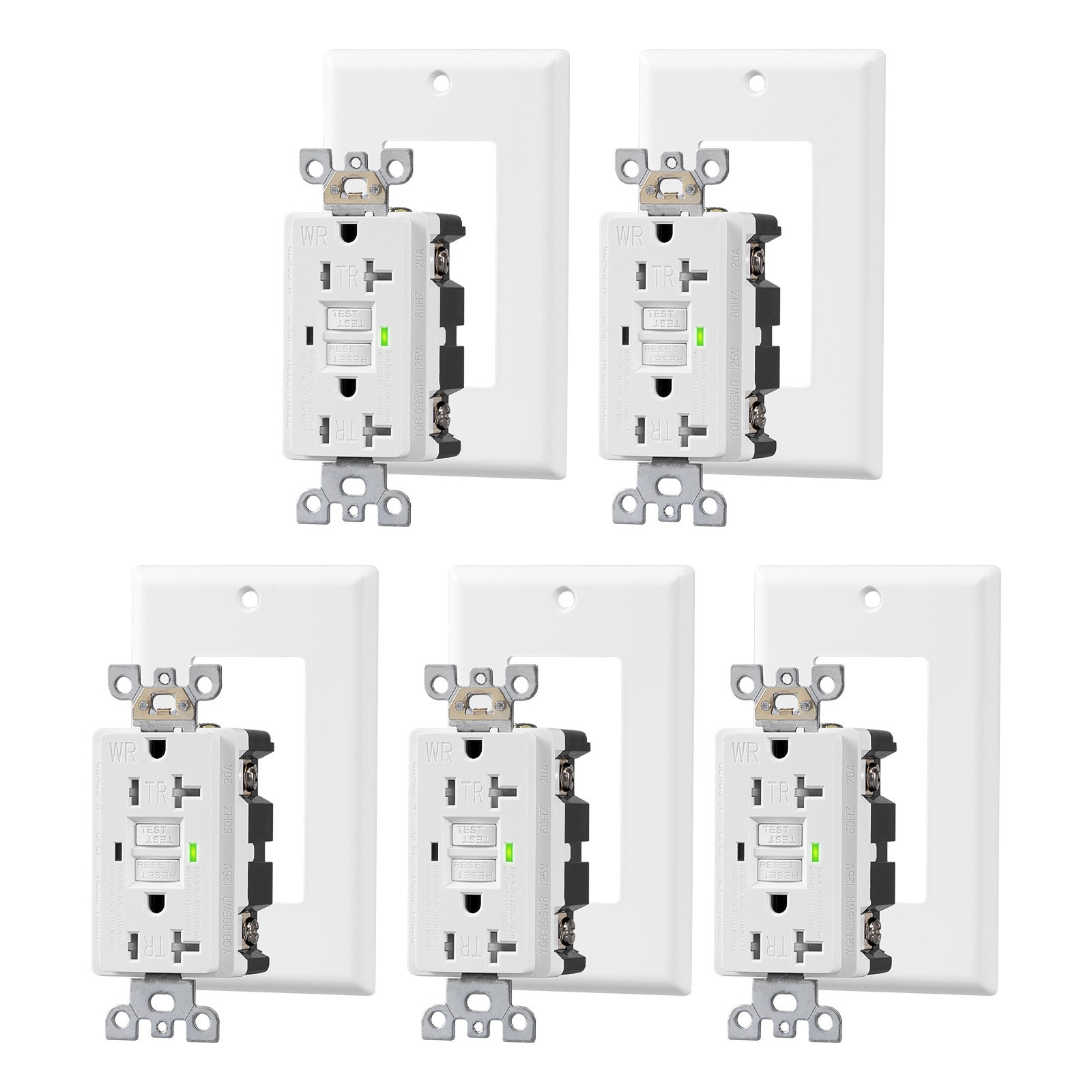 5-Pack GFCI Outlet 20A WR TR Gfi Self-Test Wallplate Included w/ Thinner Design