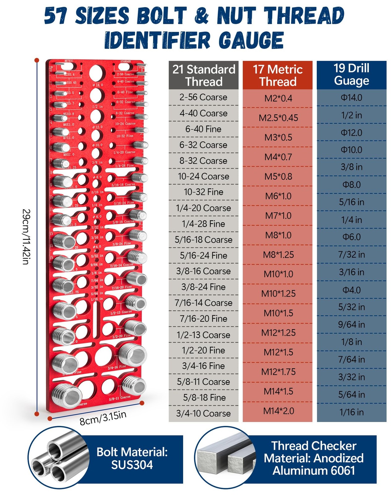 57 Nut and Bolt Thread Checker - Thread Checker Standard and Metric Bolt and ...