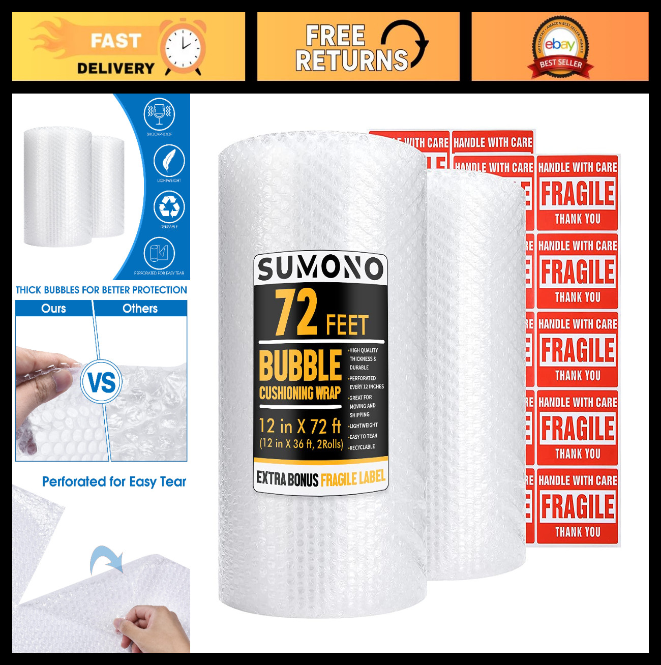 Bubble Cushioning Wrap Roll 12"x72' - 2 Rolls, Perforated, 20 Fragile Stickers