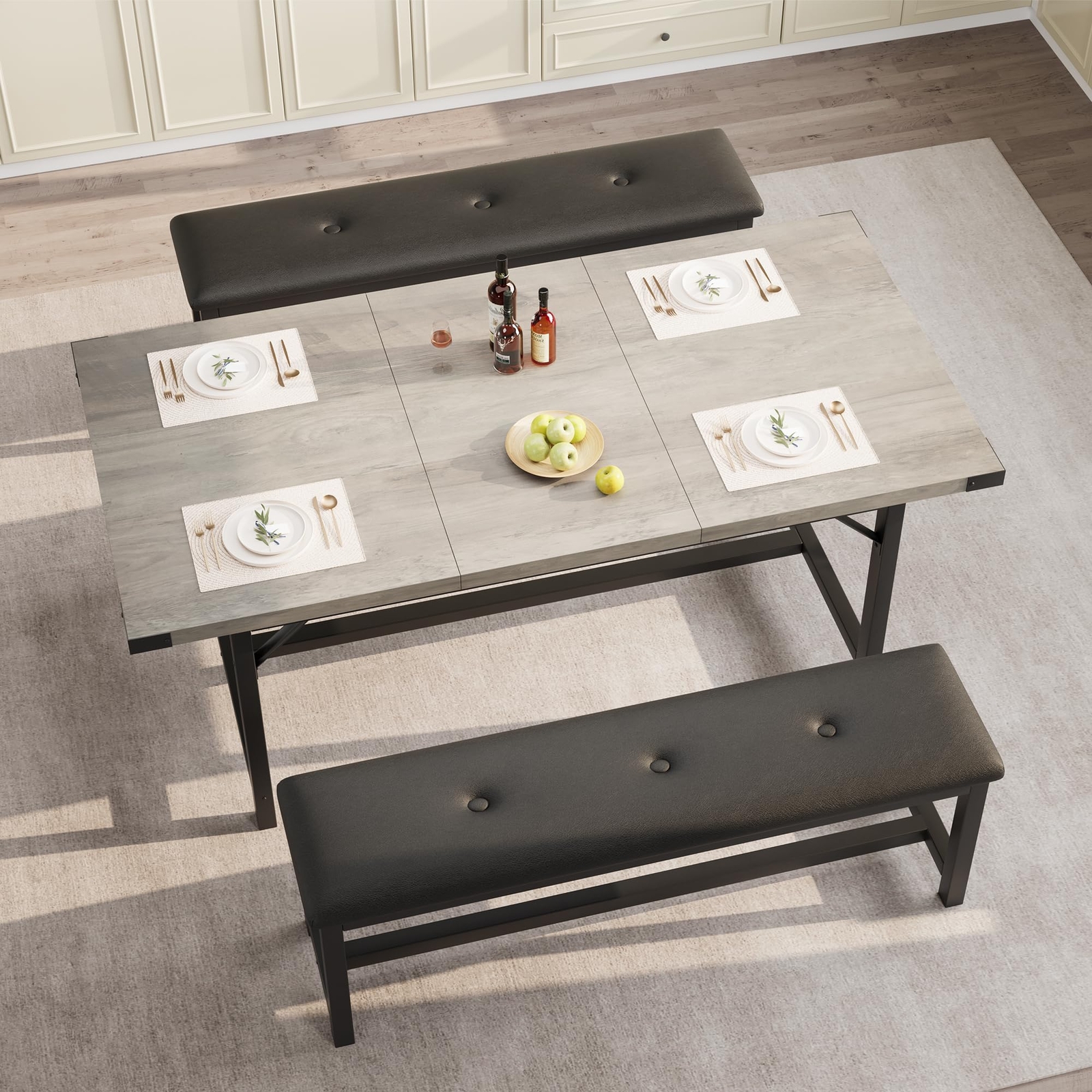 3PC Extendable Dinner Table Home Dining Table Set ,Kitchen Table and 2 Benches