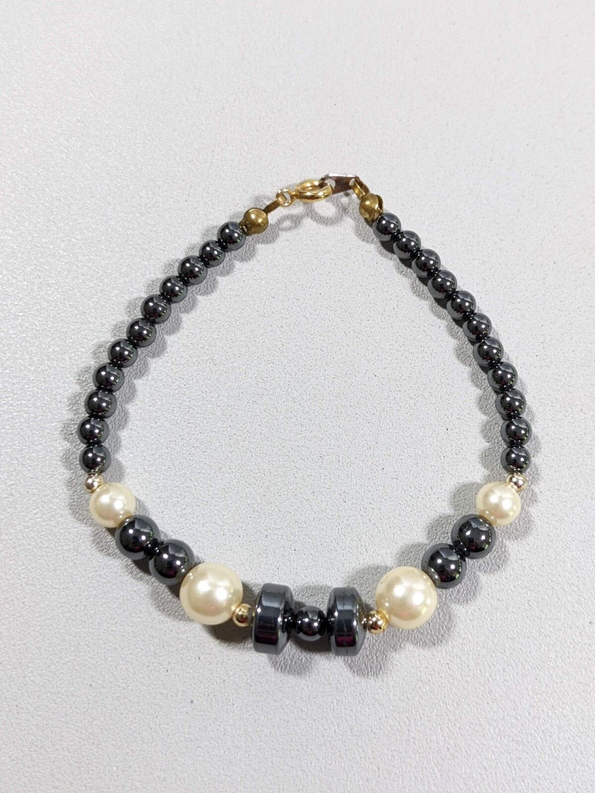 Artisan Gold Tone Gray Hematite Stone Bead Faux Pearl Bracelet 7 inches