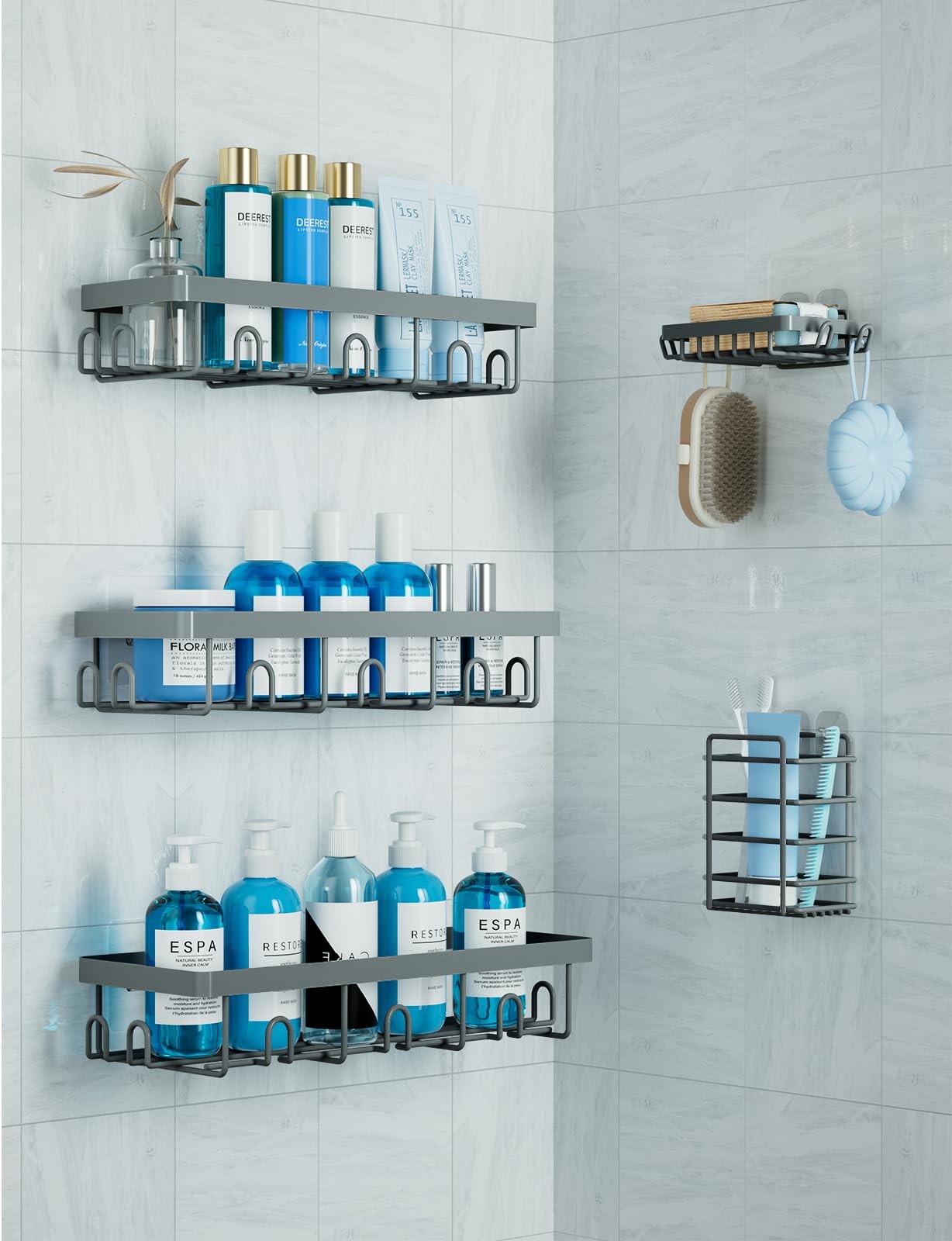 GVY Shower Caddy 5 Pack, Adhesive 4 inches x 12 x 2 inches, Dark Gray