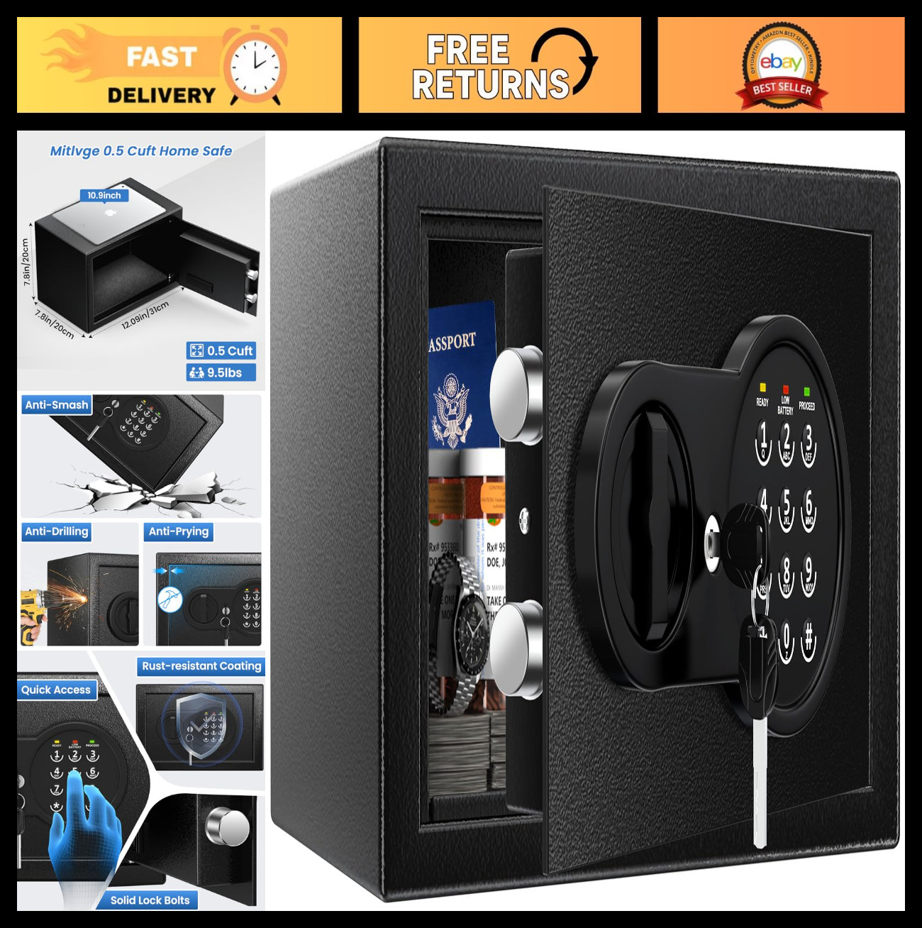 Fireproof Waterproof Safe Box with Keys & Passcode, Wall Mount, Smart Alert Syst