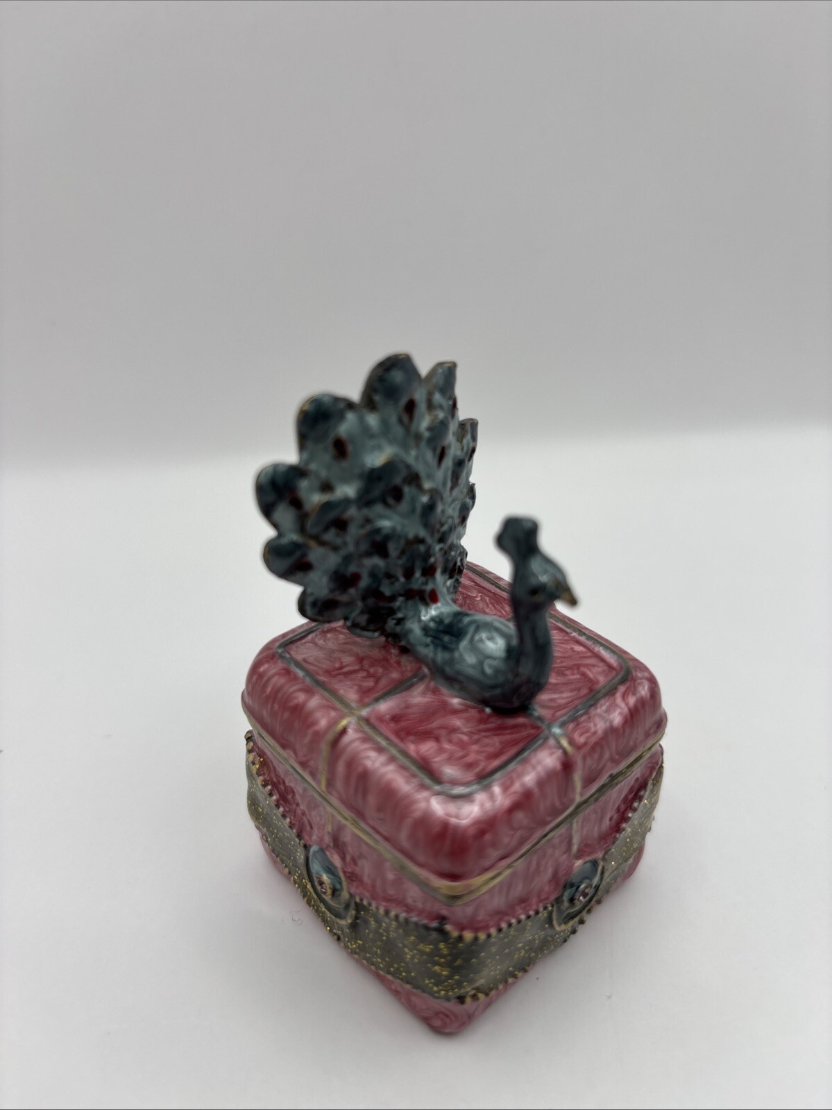 Enameled Metal Trinket Box with Metal Peacock
