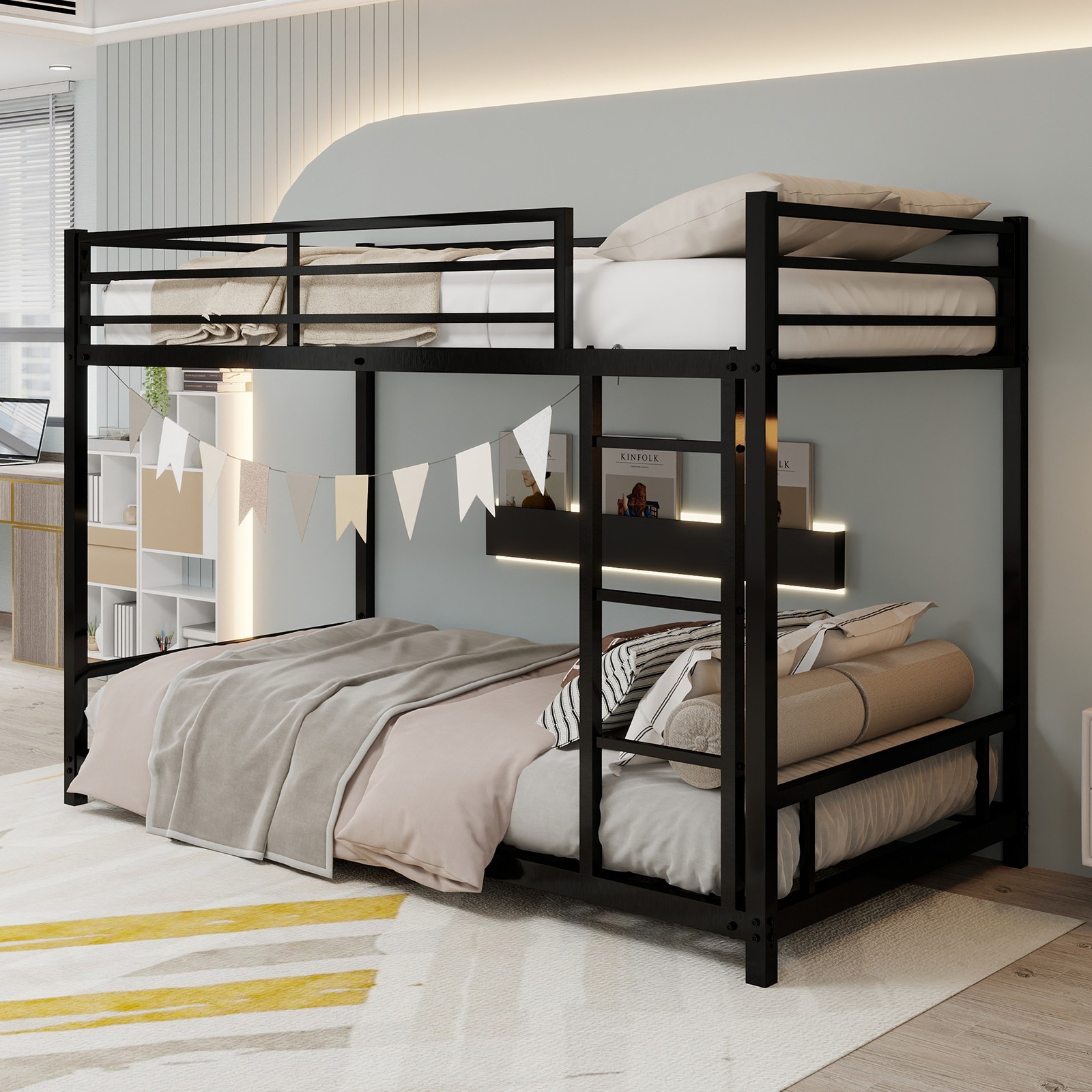 Metal Twin over Twin Bunk Bed Heavy-duty Sturdy Metal w/ Safety Guardrail Black