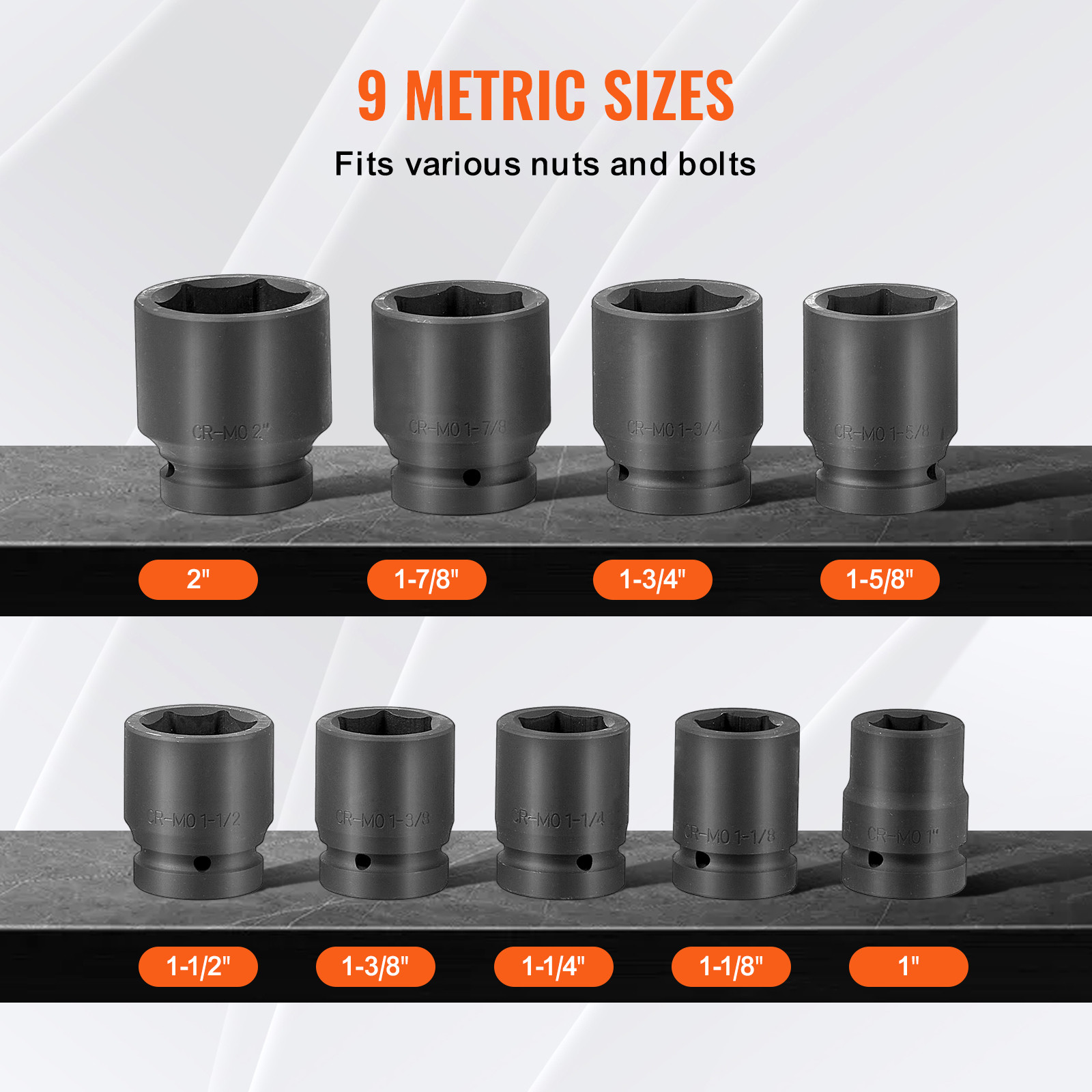 Axle Nut Impact Socket Set 1" Drive 6-Point 9PCS SAE Spindle Nut Socket