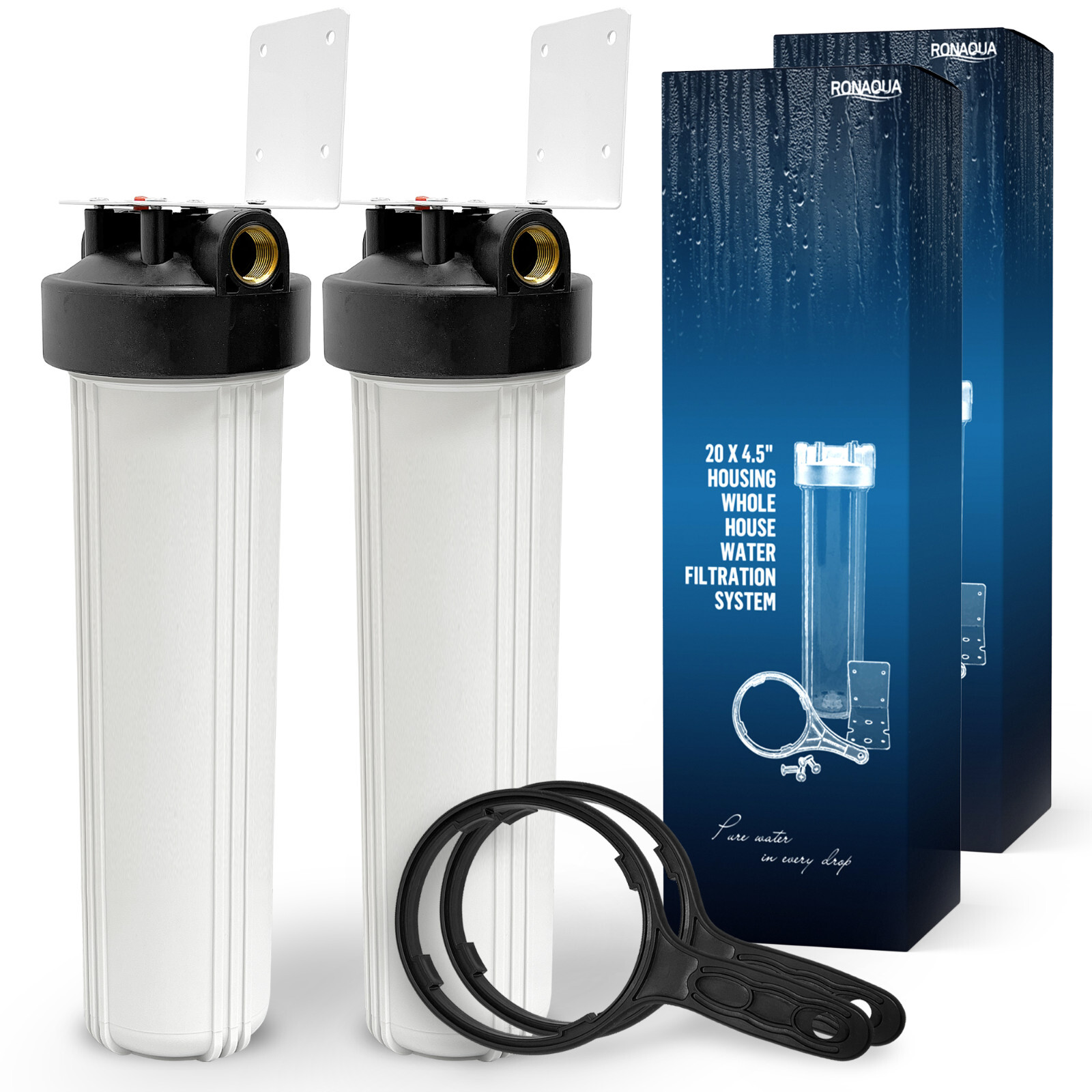 2 White High Capacity 20x4.5” Whole House Filter Purifier Systems 1” Brass Port