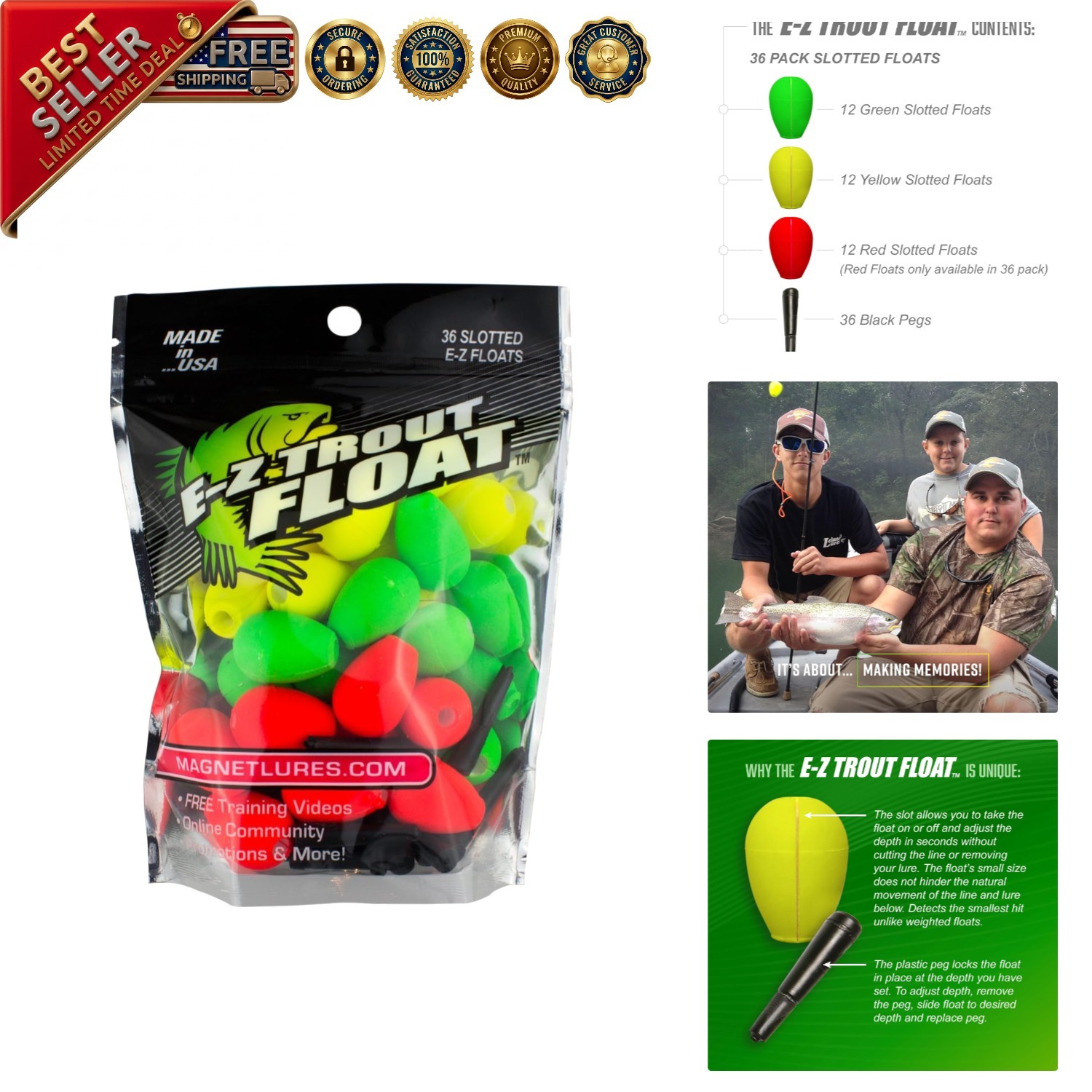 Made in USA: 36 Easy Adjust E-Z Trout Floats for Freshwater & Saltwater Fishing