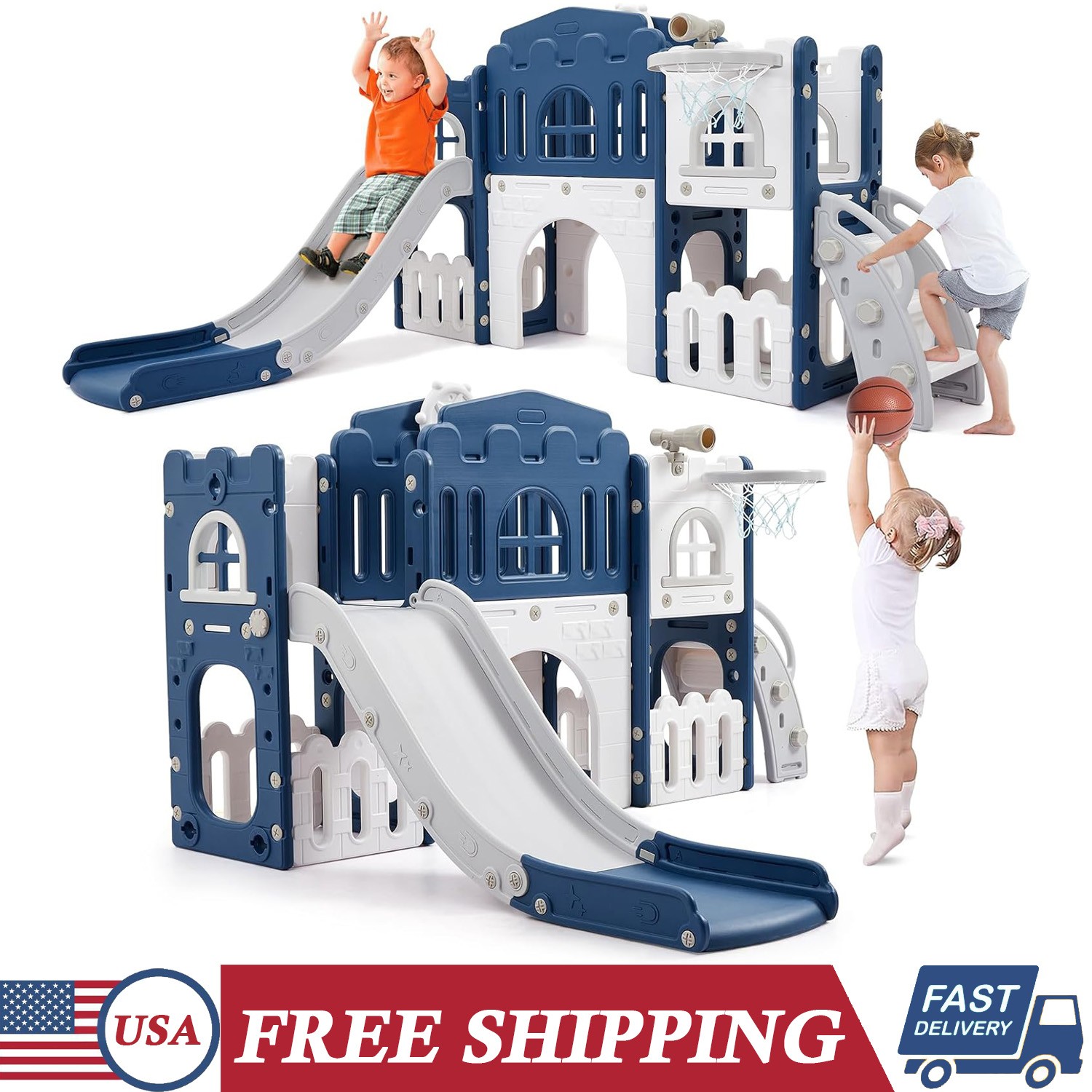 8 In 1 Toddler Slide & Climber Set  Indoor Outdoor Playground for 1-3 Kids Blue