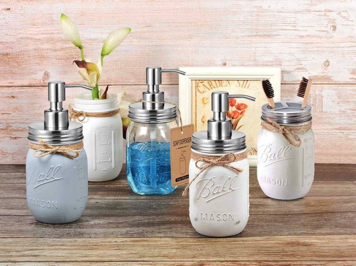 Chic Brushed Nickel Bathroom Accessory Lids Set for Regular Mouth Mason Jars