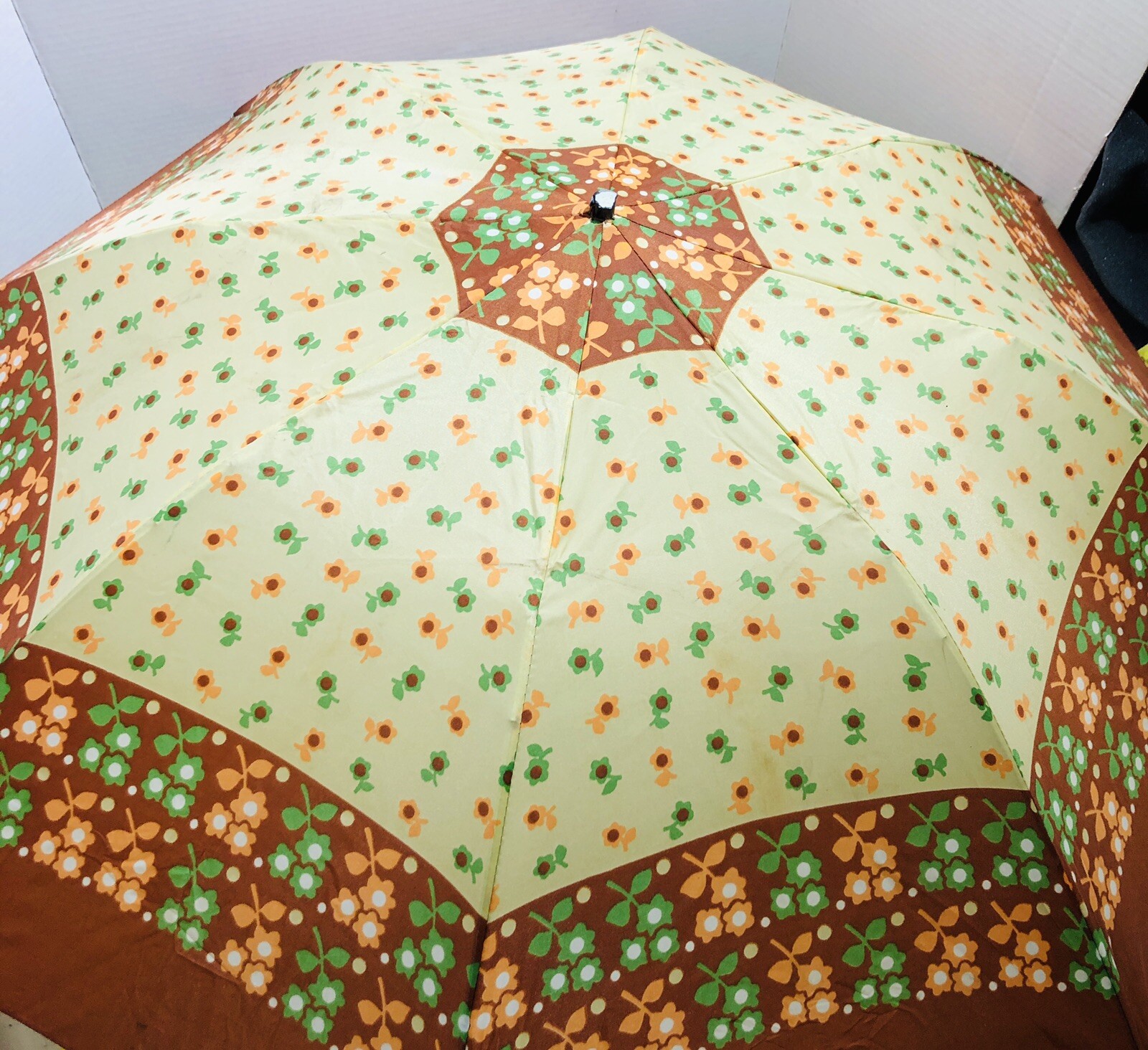 Vintage Umbrella Push Button Auto Open Two Tone Brown w/ Colorful Flowers 34”