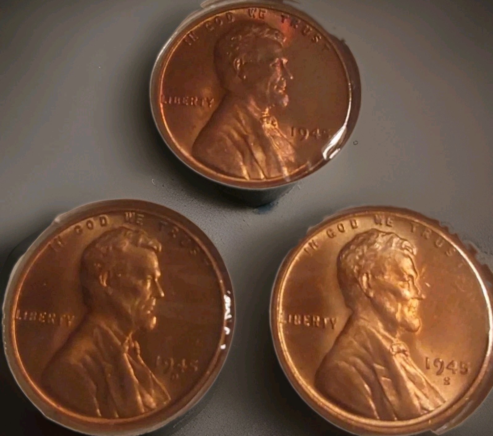 Total Three 1945 P D S Lincoln Wheat Penny Red 1C GemBU 3 Pc Collection FreePost