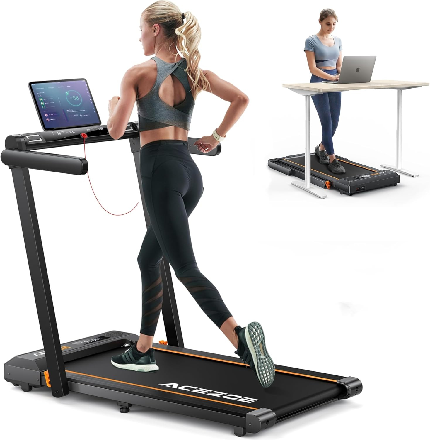Compact 2-in-1 Folding Treadmill with Handle, 300Lbs Capacity, Smart Apps