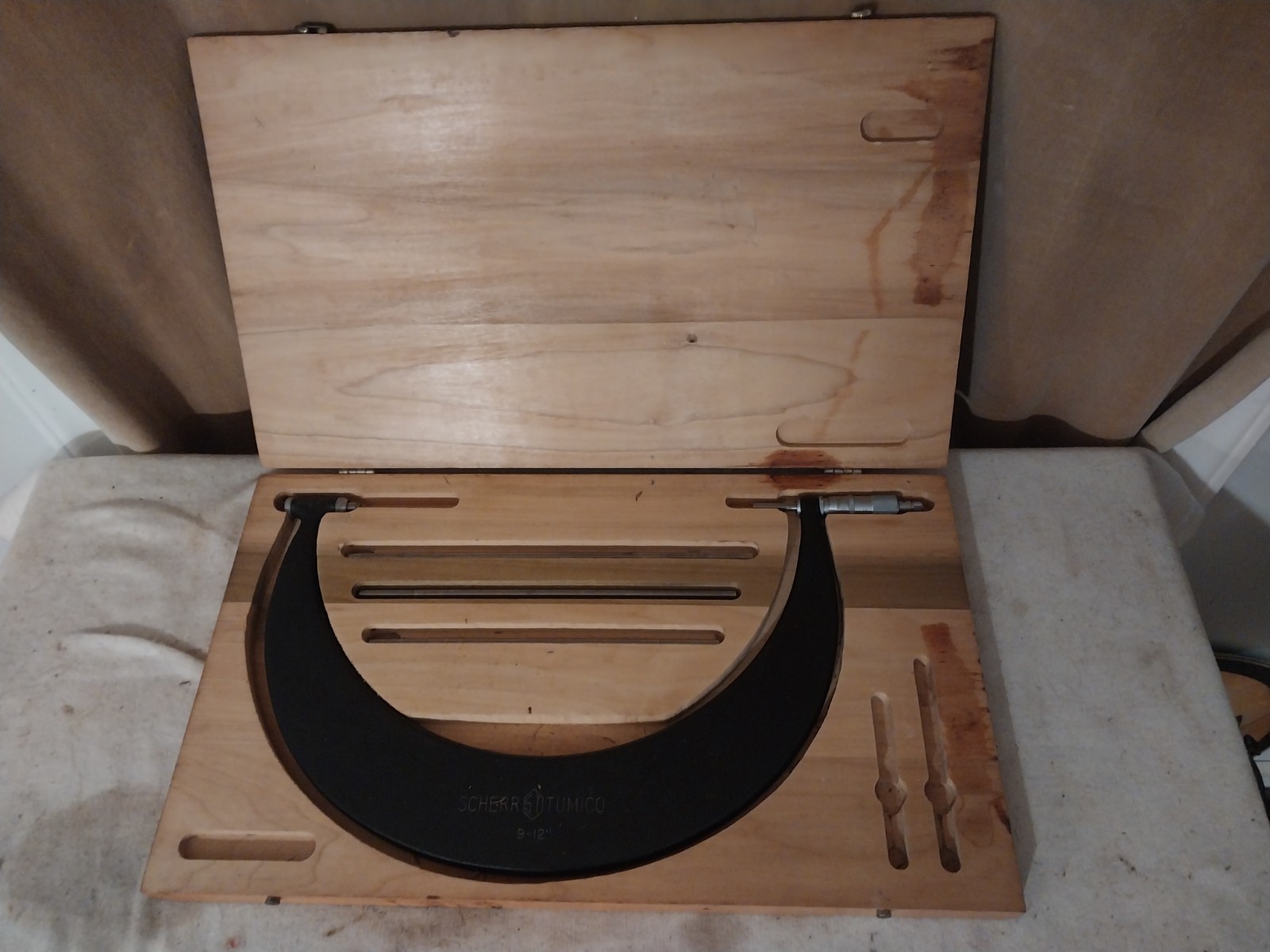 Vintage Scherr Tumico 9"- 12" Micrometer & Original Wood Box, Missing Two Tips
