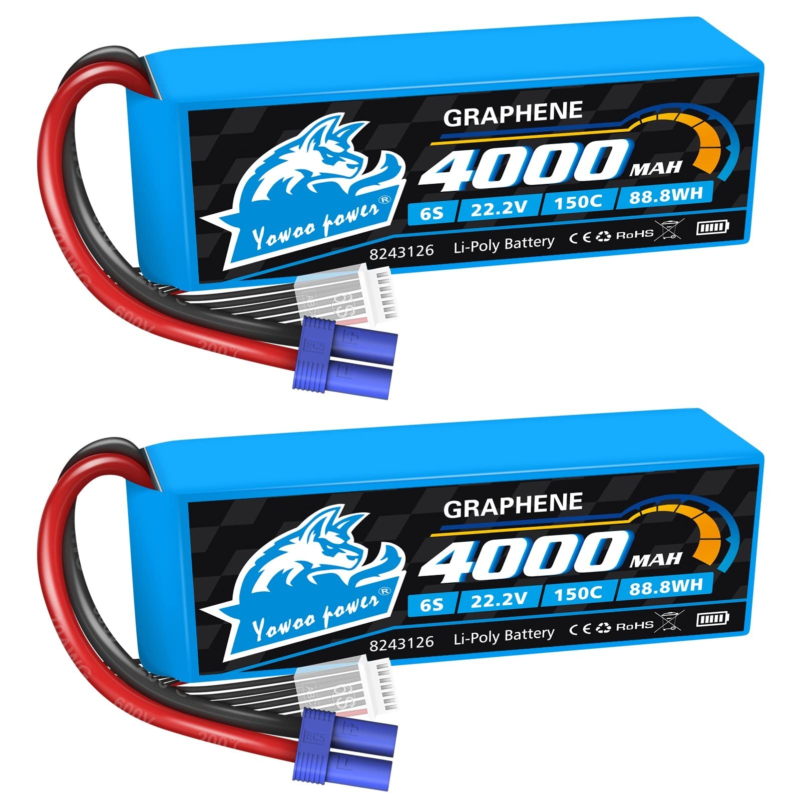 Yowoo 2 Pack 6S 22.2V 4000mAh 150C Graphene LiPo Battery with EC5 Connector f...