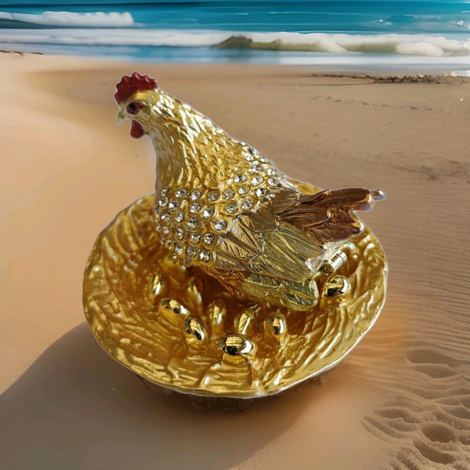 Gold Brown Chicken Hen Trinket Box