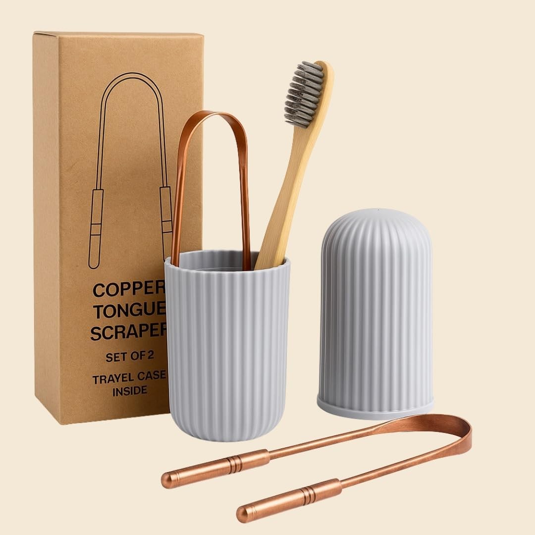 Tongue Scraper Set (2 Pack) – Pure Copper Cleaner Kit with Bamboo