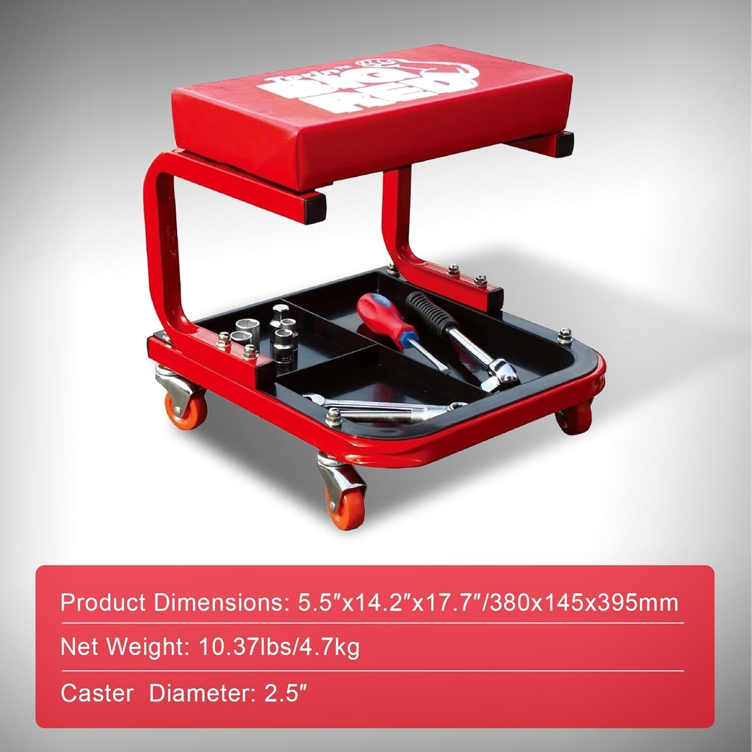 Torin Medium Red Rolling Creeper Stool - Padded Seat, Easy Mobility, Tool Tray