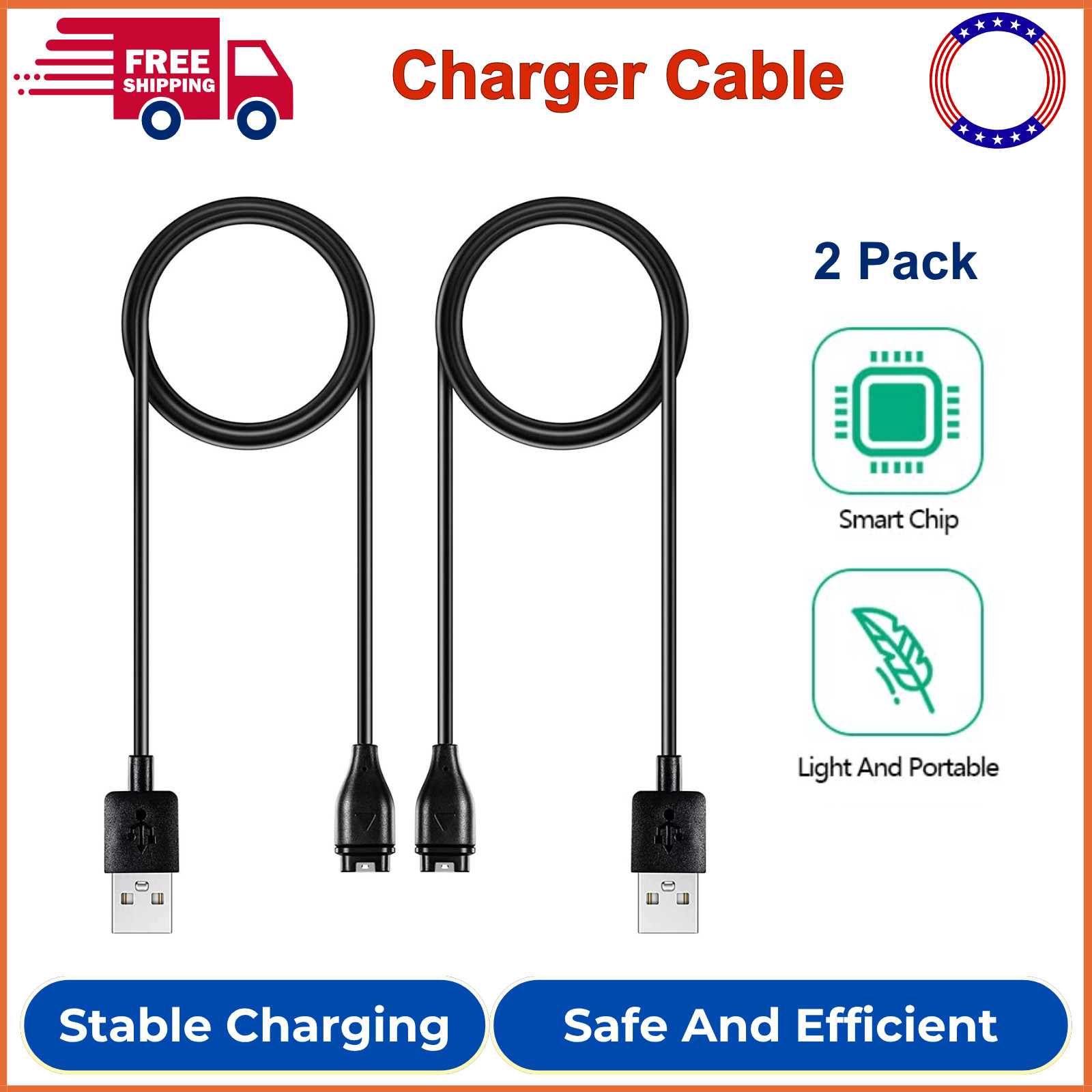 Compatible For Garmin Watch Charger Cable (2 Pack), High Speed, Safe Charging
