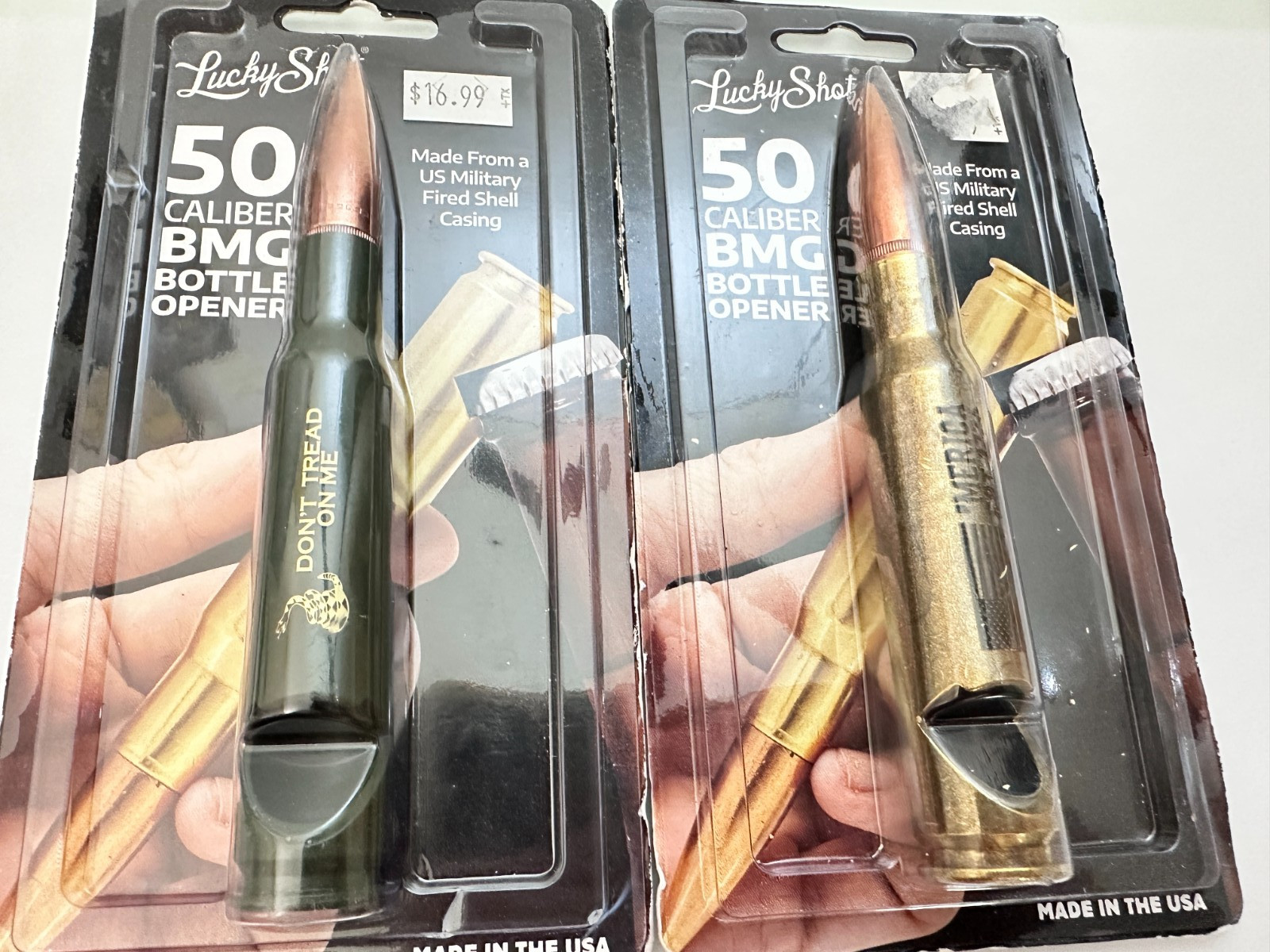 (2) LUCKY SHOT Bottle Openers Don't Tread On Me, 'Merica Est 1776