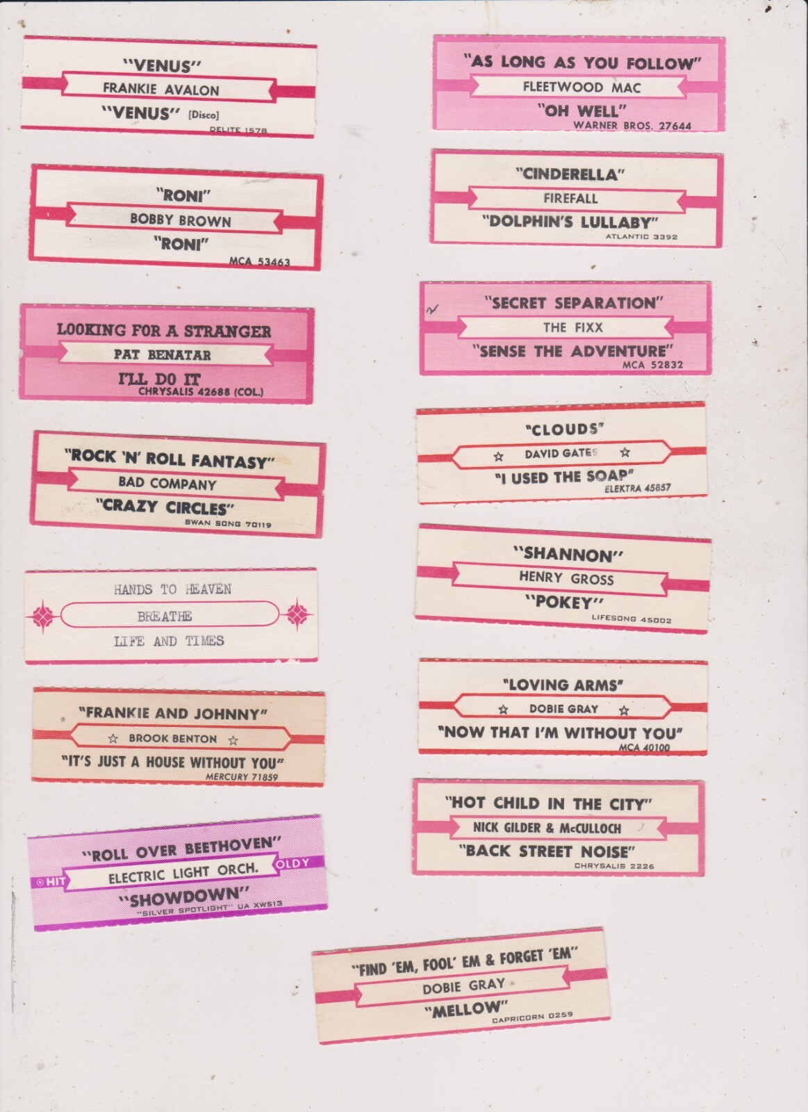 15 ROCK JUKEBOX TITLE STRIPS LOT 5.FREE SHIPPING IN U S