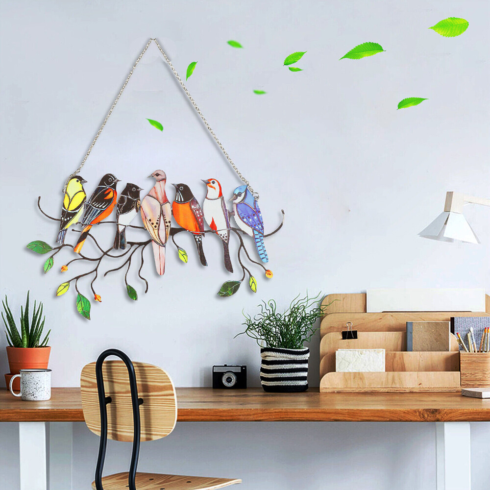 Multicolor Birds Suncatcher Stained Panel w/Chain for Glass Window Hanging Decor
