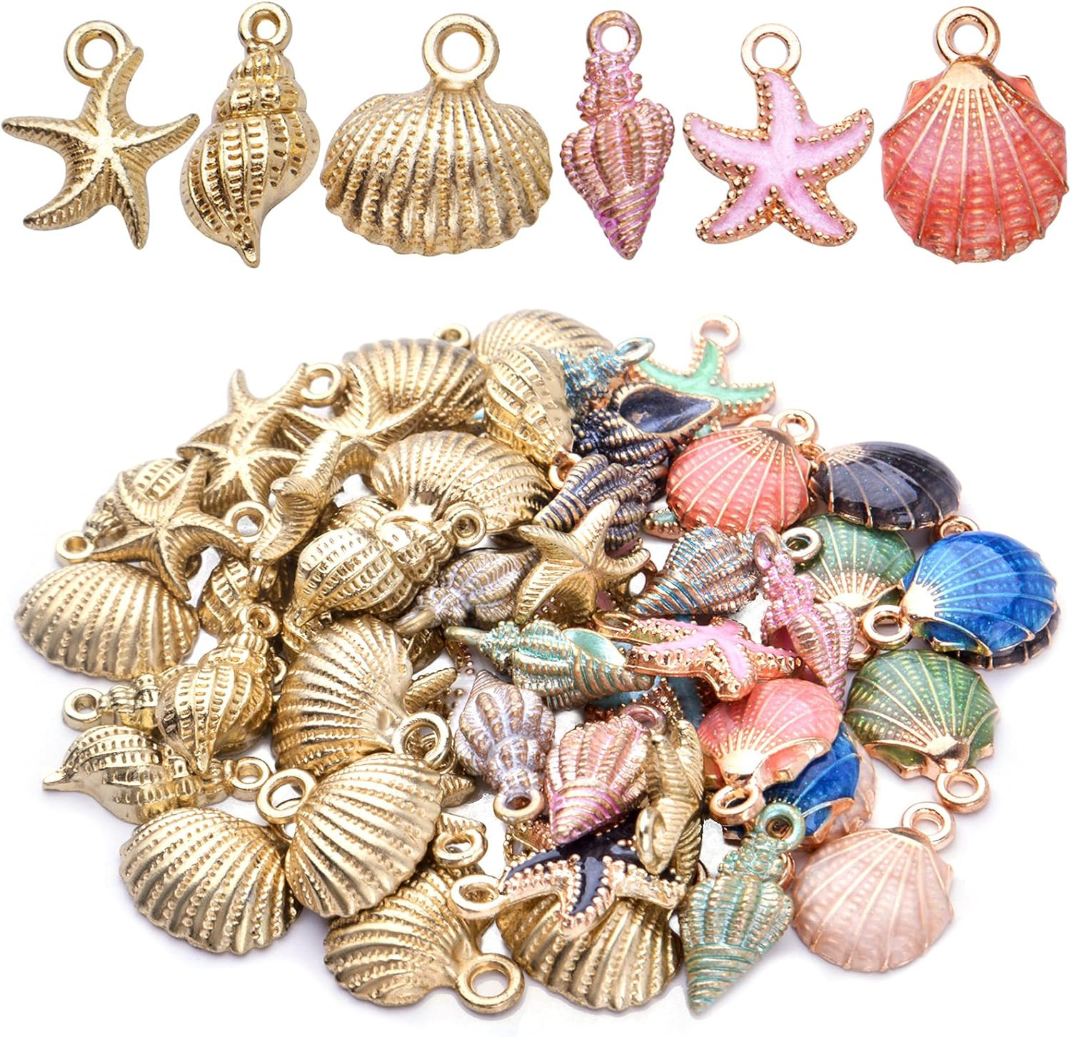 60Pcs Alloy Ocean Starfish Seashell Conch Charms Colorful Enamel Ocean Life Sea