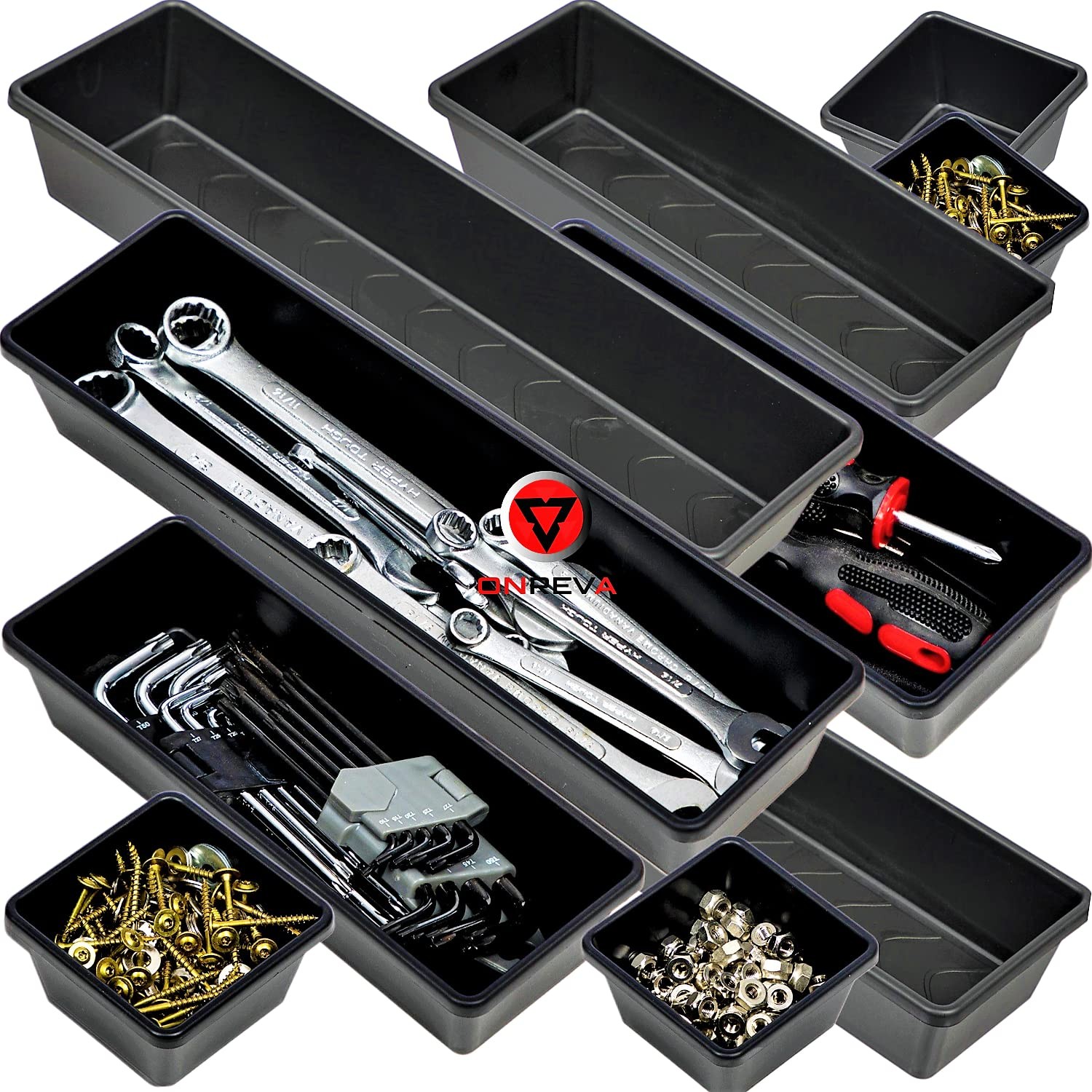 ONREVA Tool Box Organizer Tray Divider Set, Extra Large 6 PCS LARGE, Black